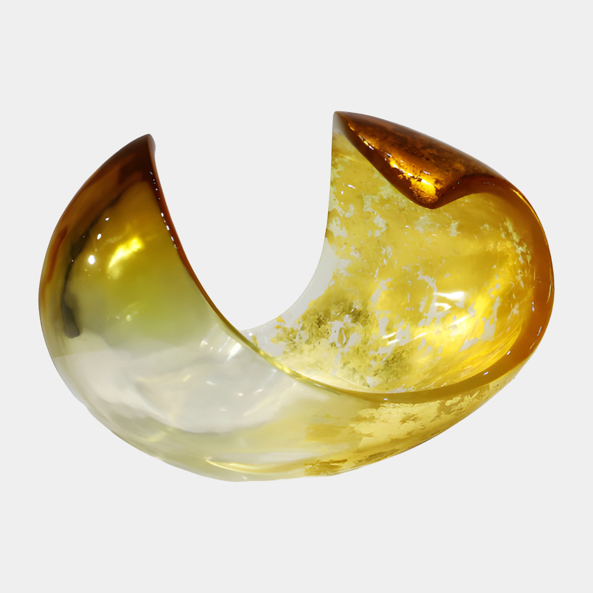 Amber Gold Fleck Opened Orb Resin Sculpture, 37cm, honey and gold-flecked resin with rust-toned cut lips and milky clear base, on a plain white background.
