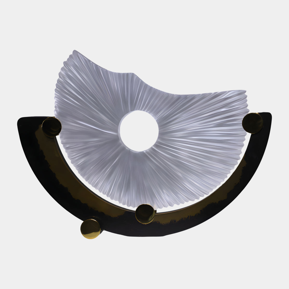 White Frosted Fan in Black & Gold Frame Resin Sculpture - 62cm, a ribbed white fan in a black crescent frame with gold studs, shown on a plain white background.