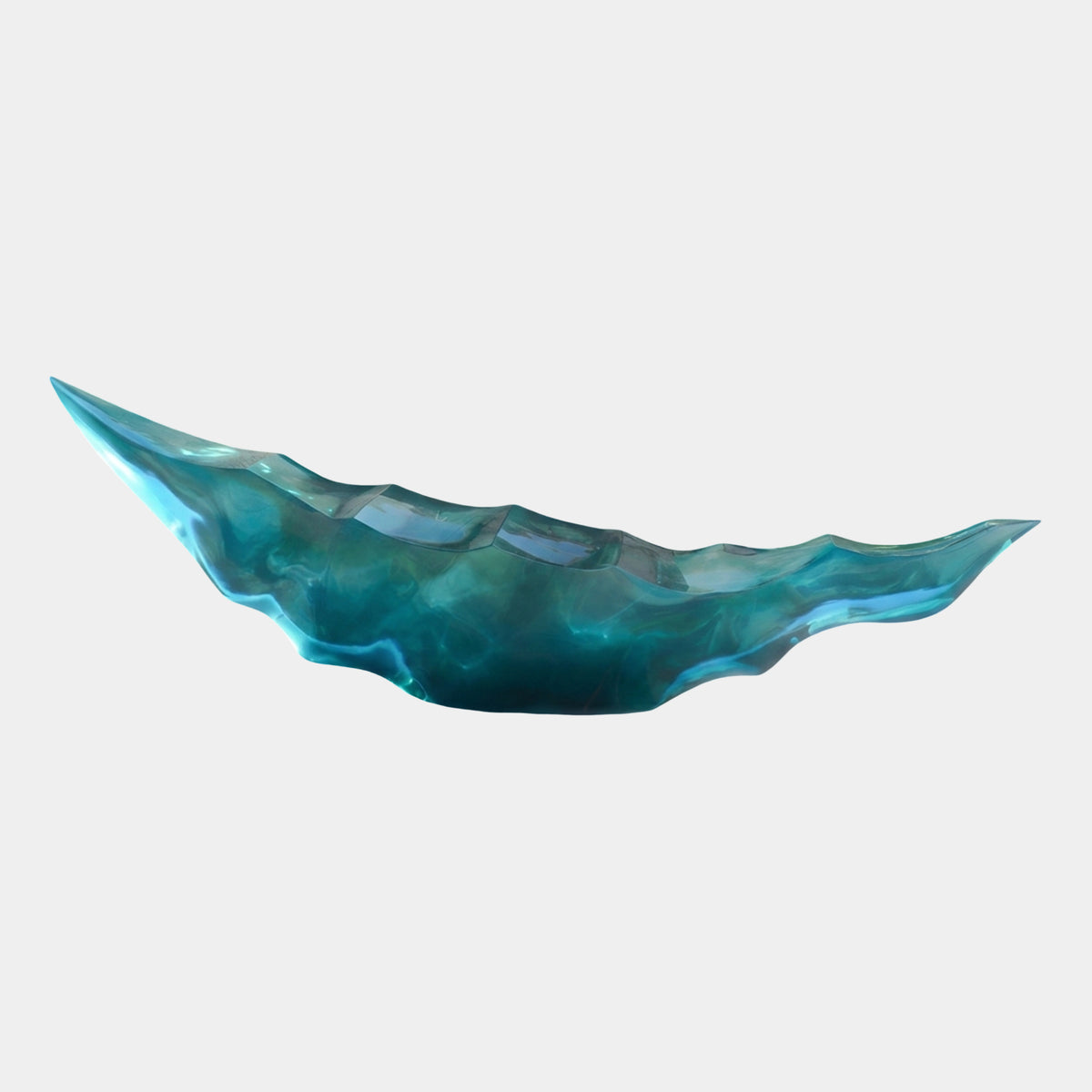 Teal Faceted Long Boat Vessel Resin Sculpture (320cm) by Giant Sculptures, a translucent teal boat-shaped form with a sharp prow and faceted rim, shown against a plain white background.