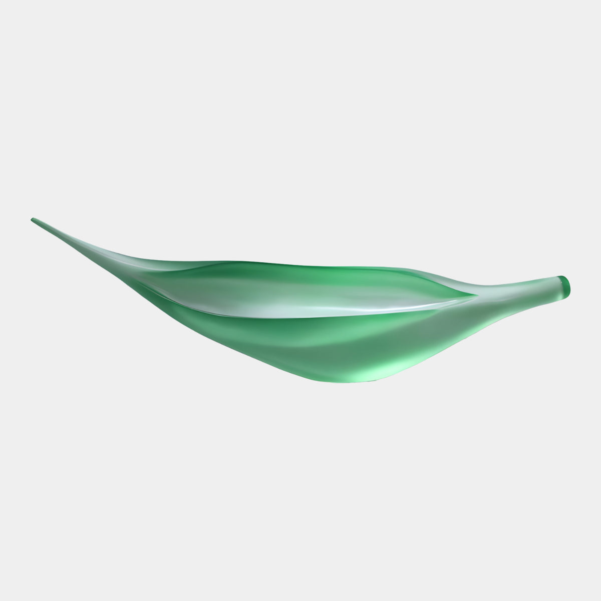 Green Frosted Long Pointed Dish Resin Sculpture - 72cm, elongated leaf-shaped vessel with a fine spiked end and short stalk, frosted green exterior and clear interior, on a plain white background.
