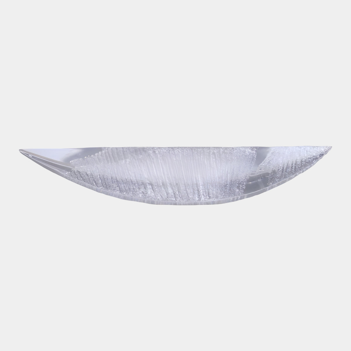 Clear Textured Slim Boat Resin Sculpture (70cm) with glassy outer walls and frosted ridged interior, shown on a plain white background.