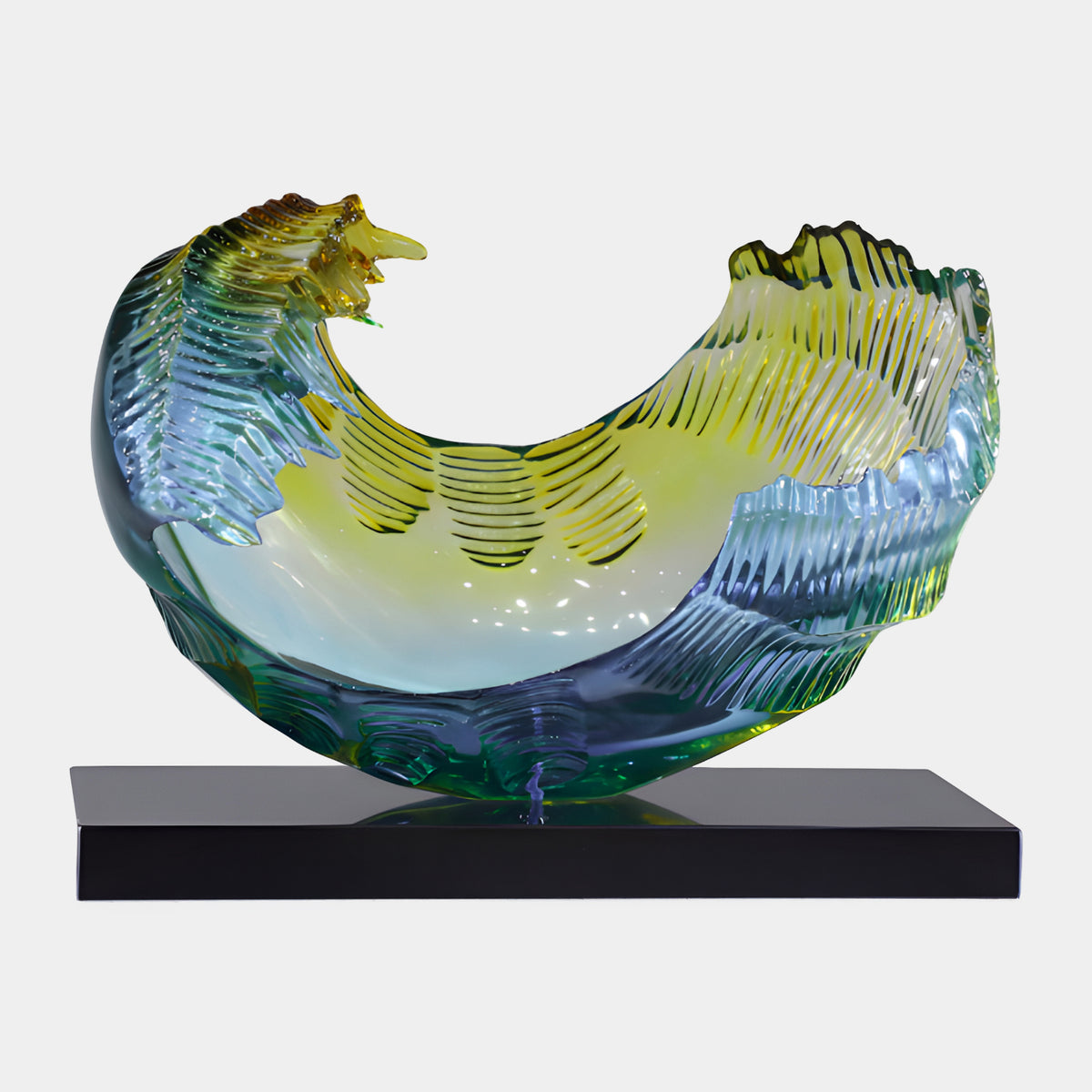 Aqua & Yellow Combed Cradle Resin Sculpture (80cm) by Giant Sculptures, wave-like cradle form with torn crests on a black rectangular base, set against a plain white background.