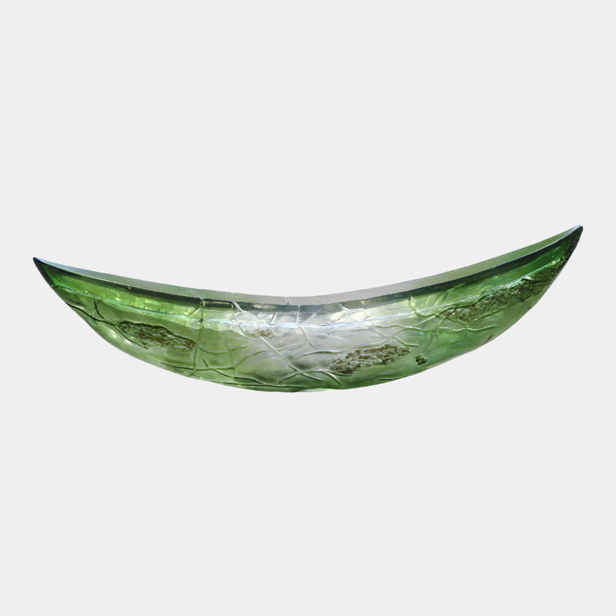 Green Veined Long Boat Resin Sculpture, 250cm, with upswept pointed ends and raised crackled veining, clear at center on a plain white background.