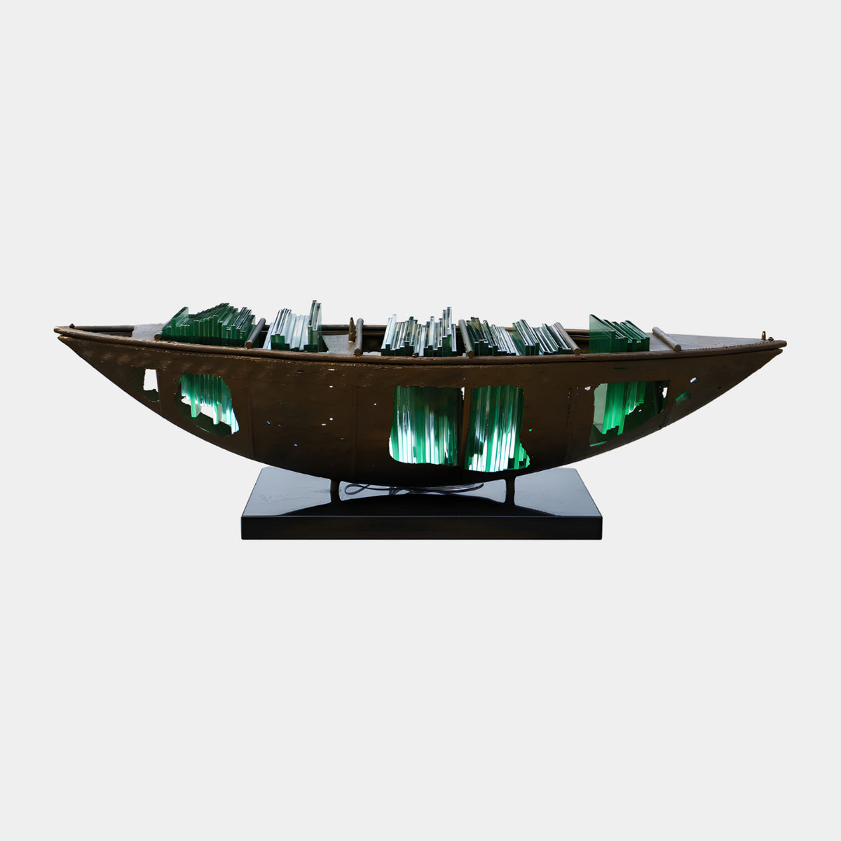 Rust Brown & Green Open Hull Boat Metal & Acrylic Sculpture, 160cm, with weathered metal hull and upright green-and-clear acrylic slats on a black stand, plain white background.