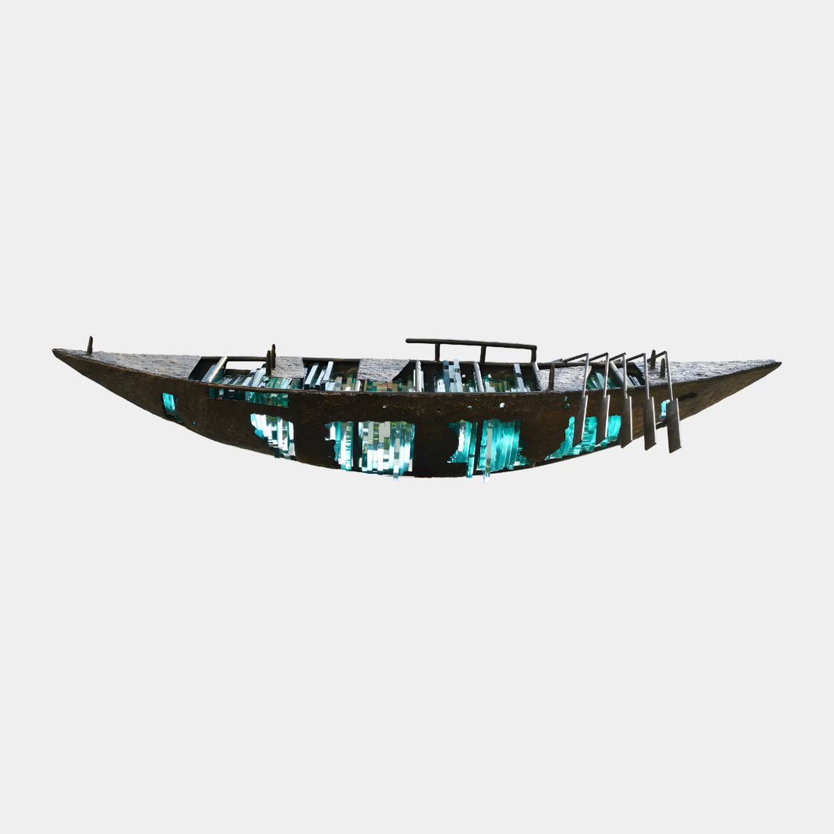 Weathered Brown & Teal Long Boat Metal & Acrylic Sculpture, 200cm, with cutout hull revealing teal acrylic slats and five bent oars, on a plain white background.
