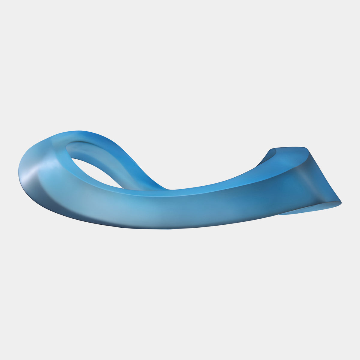 Blue Matt Low Curled Band Resin Sculpture - 48cm, a low matt blue resin band curling into a loop at one end and twisting upward at the other, shown on a plain white background.