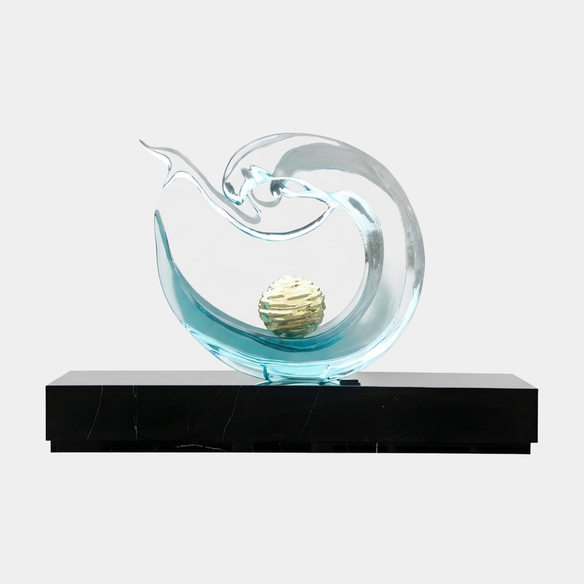 Aqua Curl Wave with Gold Sphere Resin Sculpture, 240cm, curling clear-to-aqua resin wave with gold ribbed sphere on a black marble base, plain background.