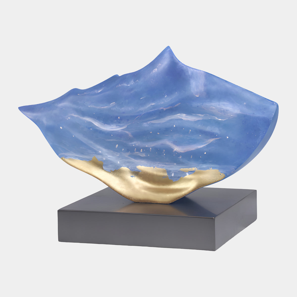 Blue & Gold Scooped Wave Resin Sculpture - 55cm, a curved milky blue resin wave with white drifts and gold-toned flecks, gold-painted base, on a dark square stand against a plain white background.