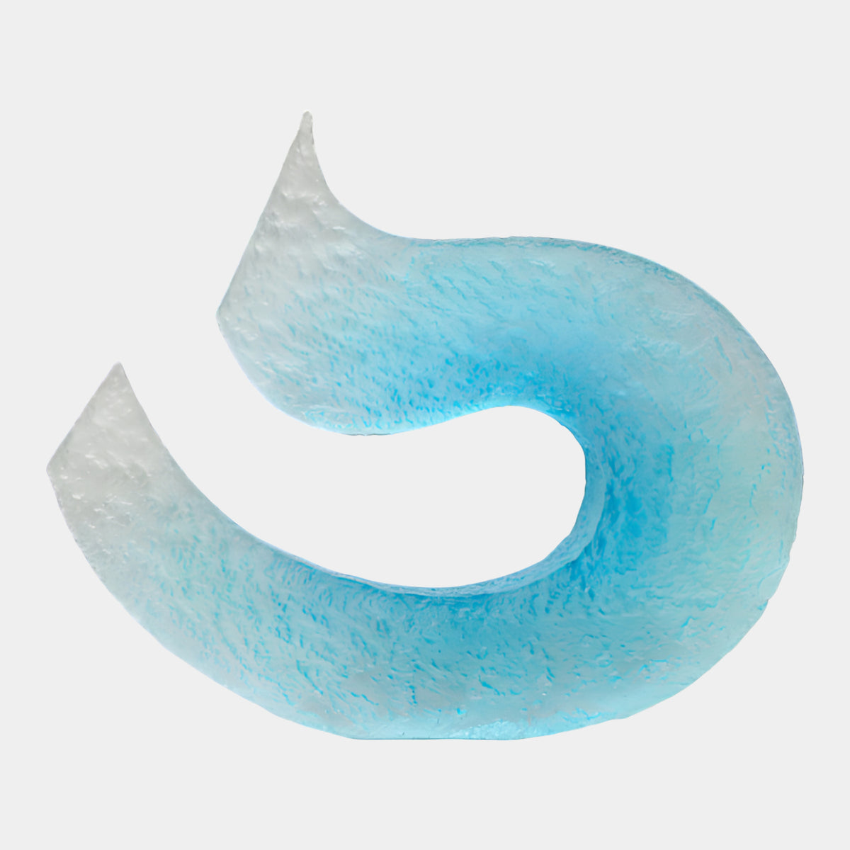 Aqua Granulated Hook Curl Resin Sculpture - 100cm, a textured curved resin hook fading from aqua blue to white, shown on a plain white background.