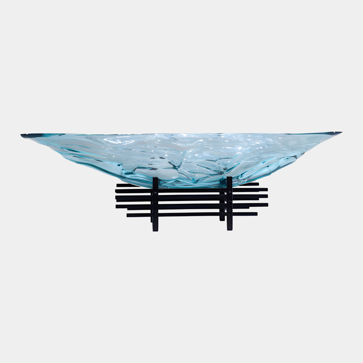 Teal Rippled Dish on Black Grid Stand Resin Sculpture - 60cm