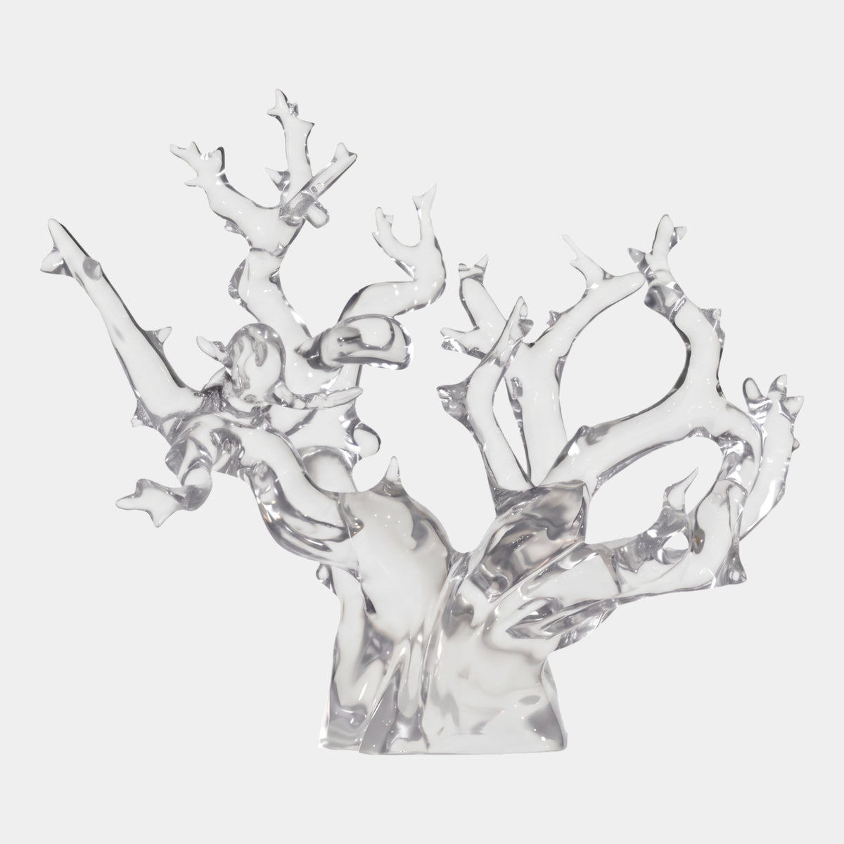 Clear Branching Coral Tree Resin Sculpture, 69cm, with a solid trunk dividing into glassy branching limbs and forked tips, on a plain white background.