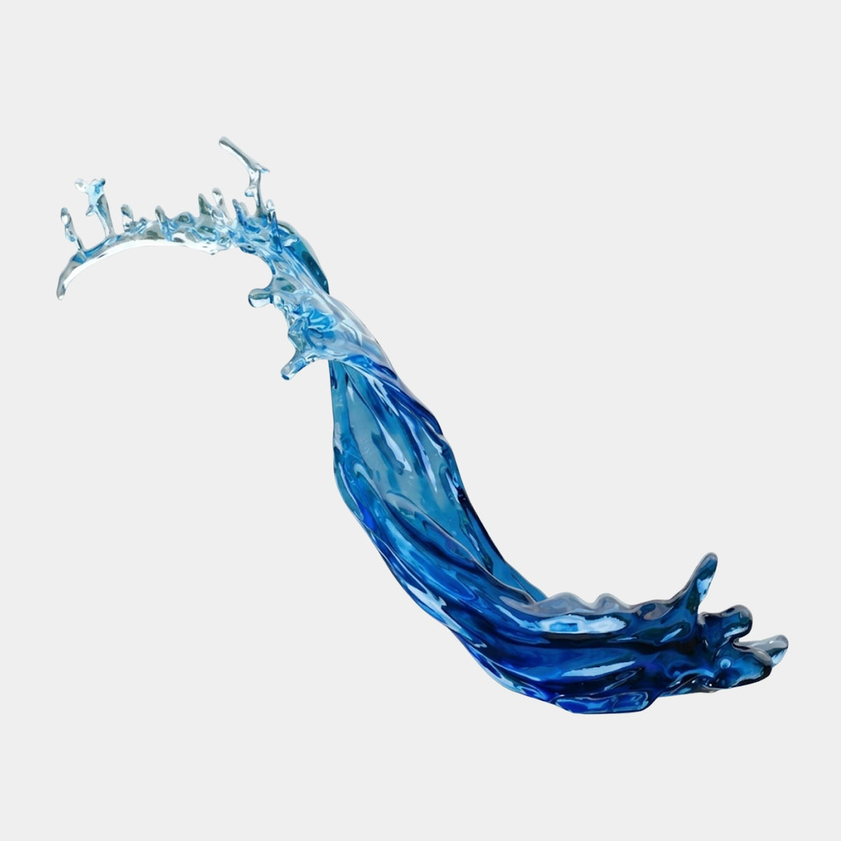 Blue Rearing Wave Resin Sculpture (280cm) by Giant Sculptures, a twisting curved wave in deep blue fading to a pale spray-tipped crest, shown on a plain white background.
