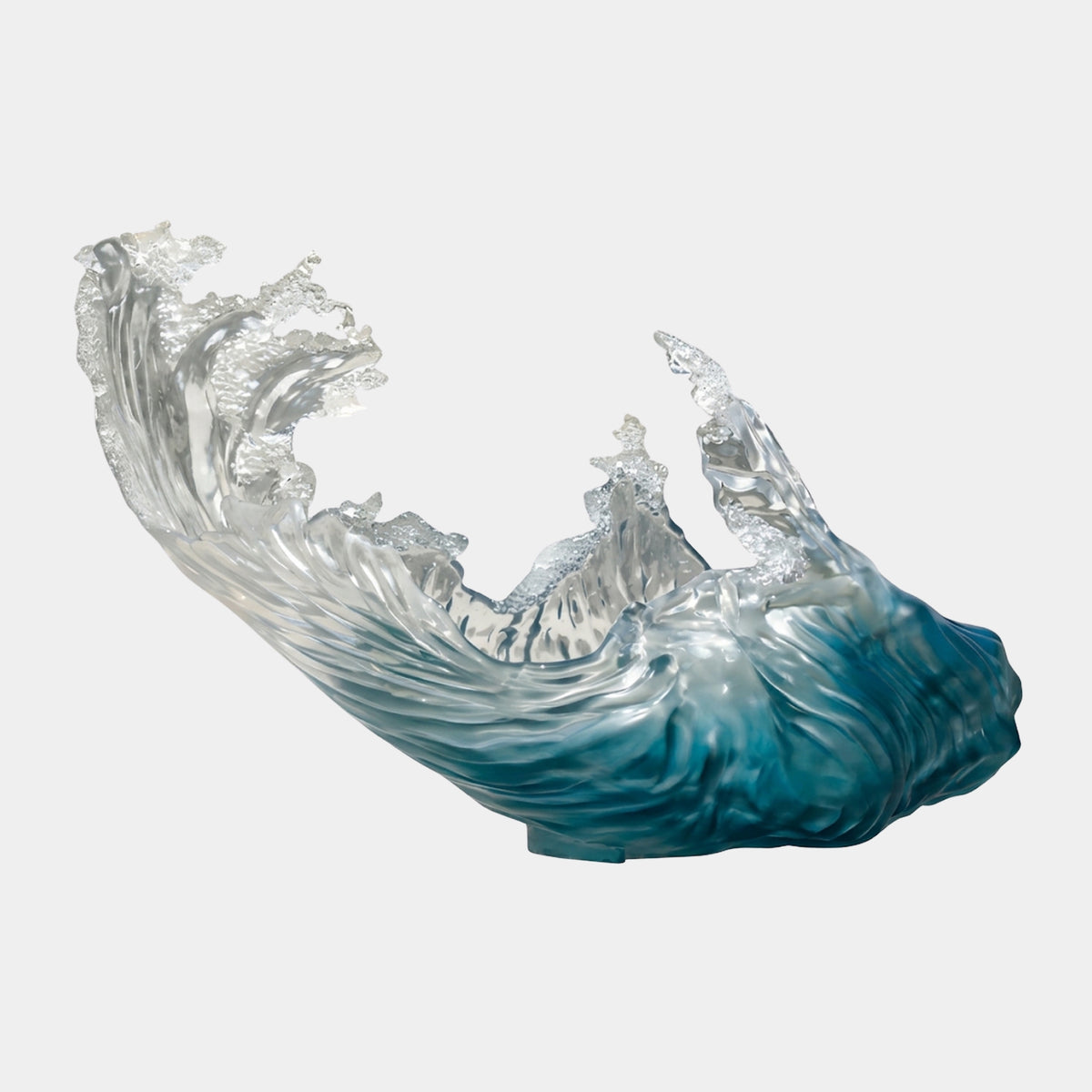 Frosted White & Teal Crashing Wave Resin Sculpture, 250cm, with a deep teal base rising into curling white foam crests, shown on a plain white background.