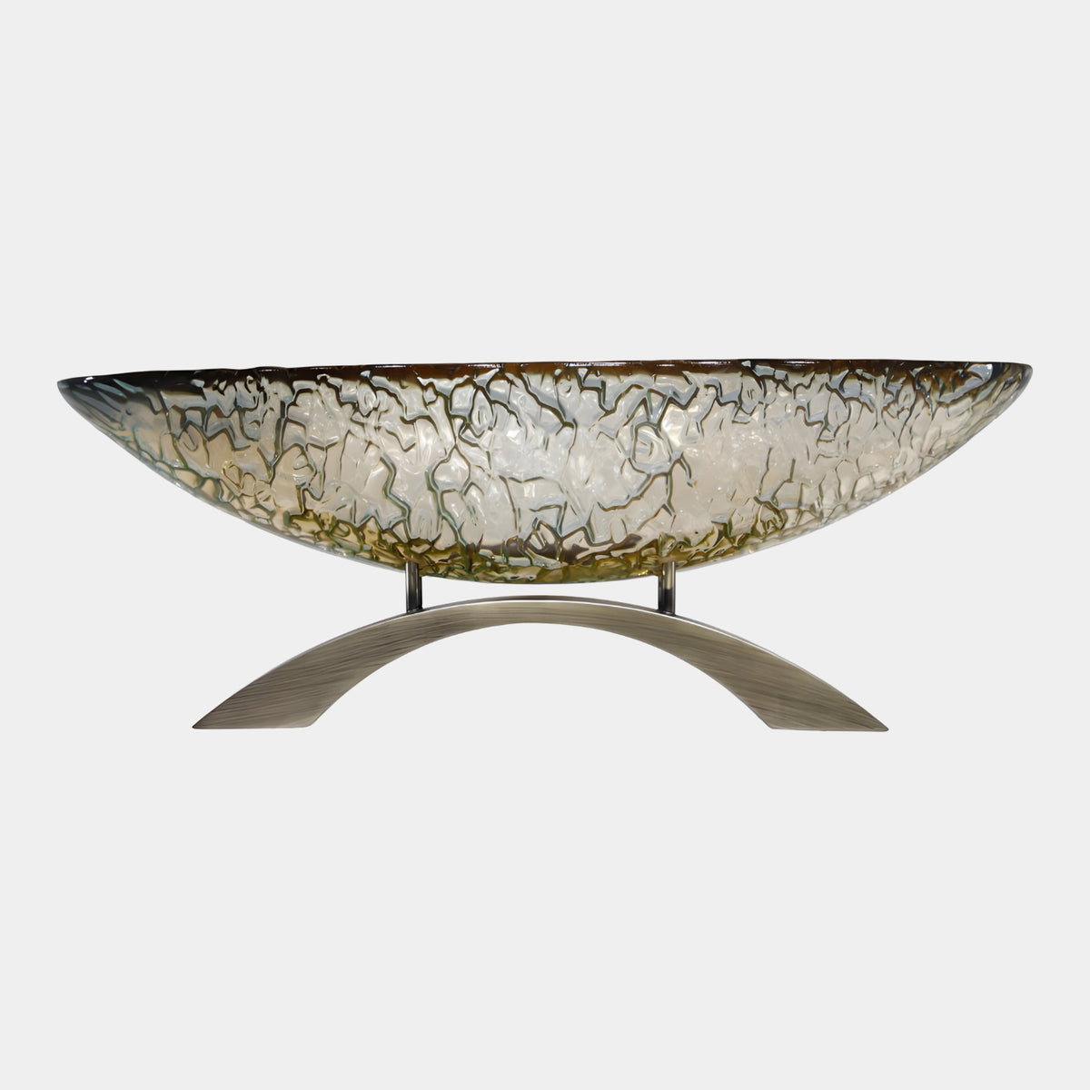 Olive Crazed Web Boat Vessel Resin Sculpture, 70cm, with crackled pearl and olive-gold finish on a brushed stainless steel arch stand, plain white background.