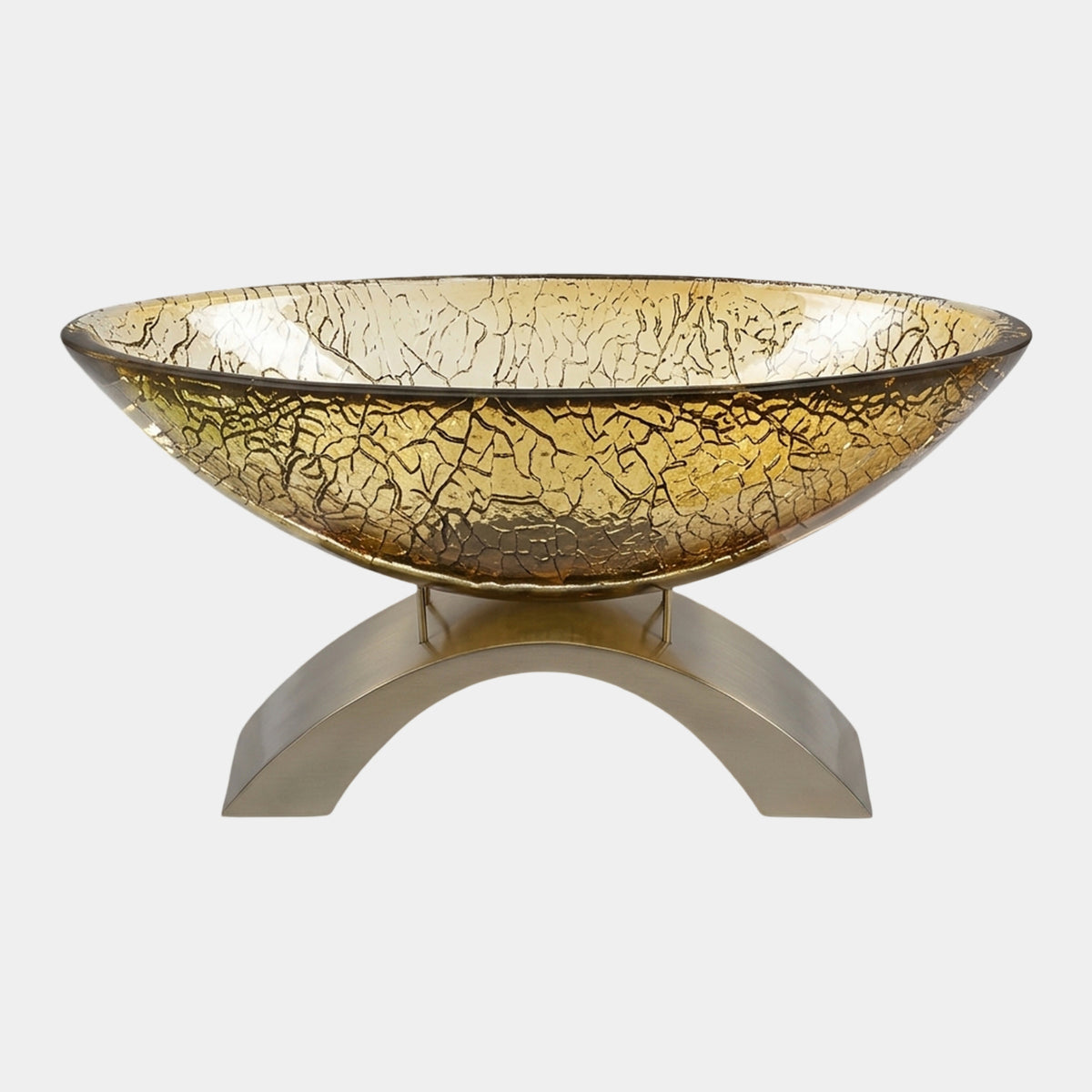 Amber Crazed Web Boat Vessel Resin Sculpture, 55cm, boat-shaped amber resin with dark crazed web texture on a brushed steel arch base, shown on a plain white background.