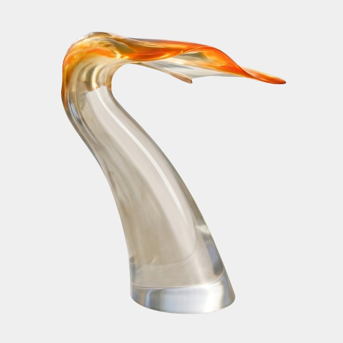 Clear & Amber Hooked Whale Tail Resin Sculpture, 91cm, curved clear resin tail with amber-to-orange tipped fluke, on a slanted base against a plain white background.