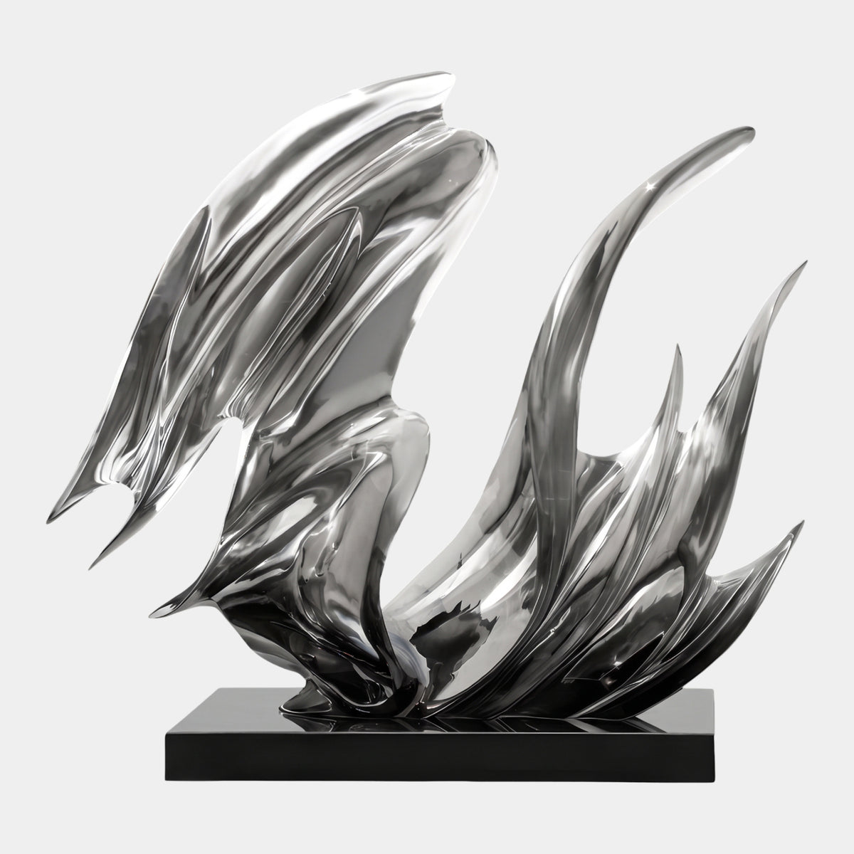 Mirror Silver Swept Flame Resin Sculpture, 130cm, with a wing-like wave form and flame-like blades on a black base, shown against a plain white background.