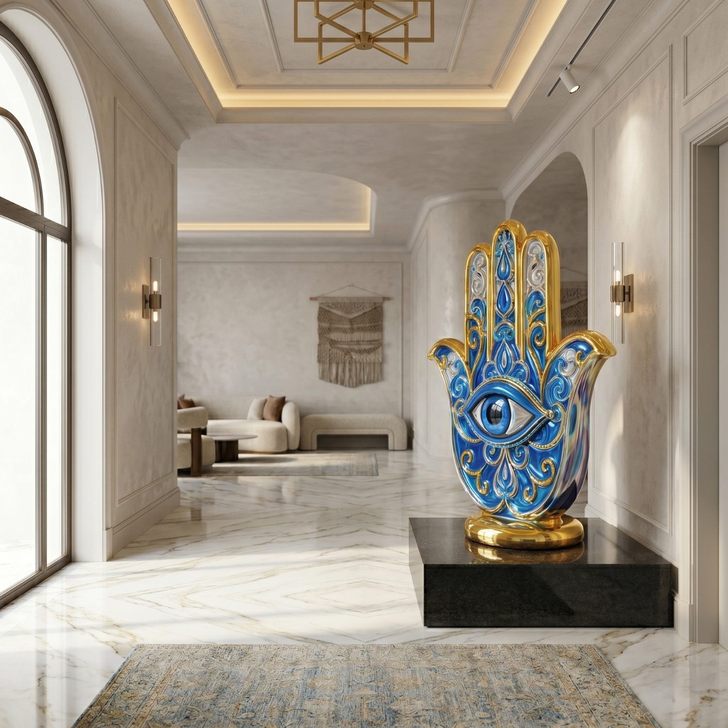 The Golden Hamsa Hand Protection Sculpture - 150cm by Giant Sculptures, featuring blue and gold accents and a central eye, stands on a black pedestal in a luxurious marble hallway with modern lighting and arched windows.