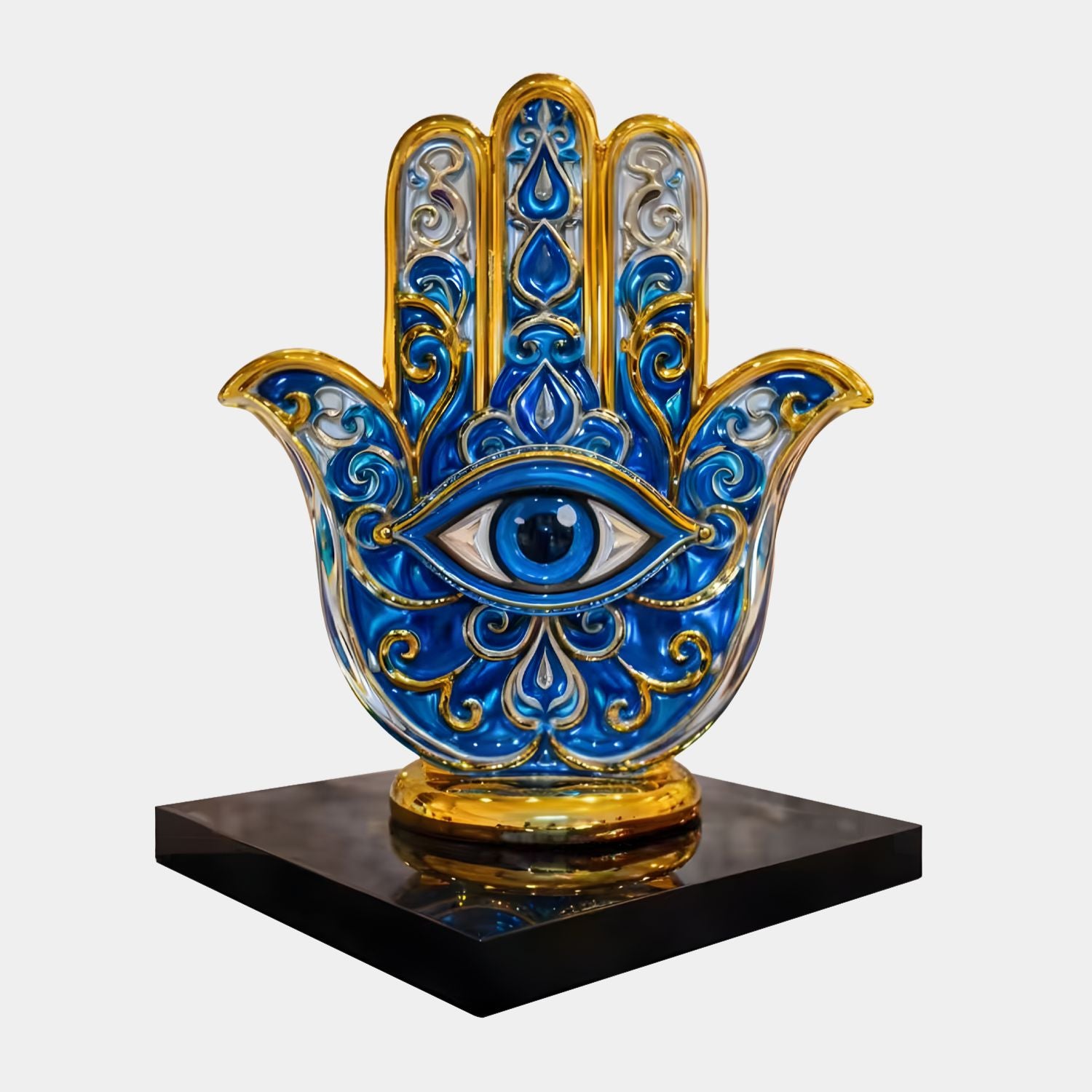 The Golden Hamsa Hand Protection Sculpture by Giant Sculptures features intricate blue, white, and gold designs with a central eye motif, set on a black square base. Size: 150cm.