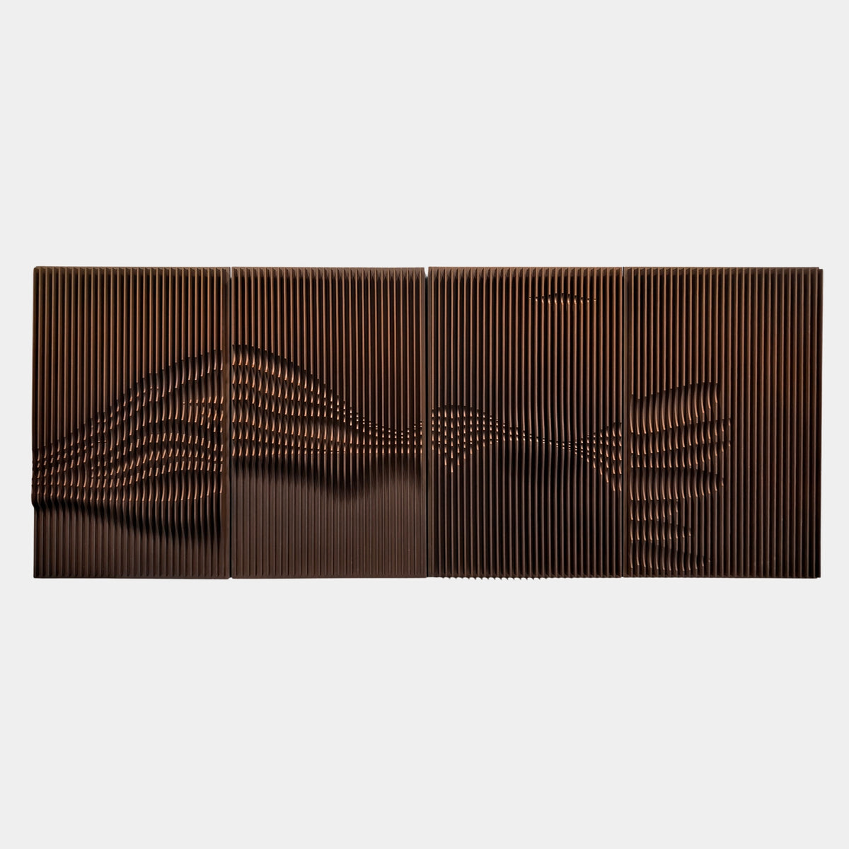 Harmonic Forms 4-Panel Brown Wood Carving 3D Wall Art with rippling wave-like grooves across four joined panels, shown on a plain white background.