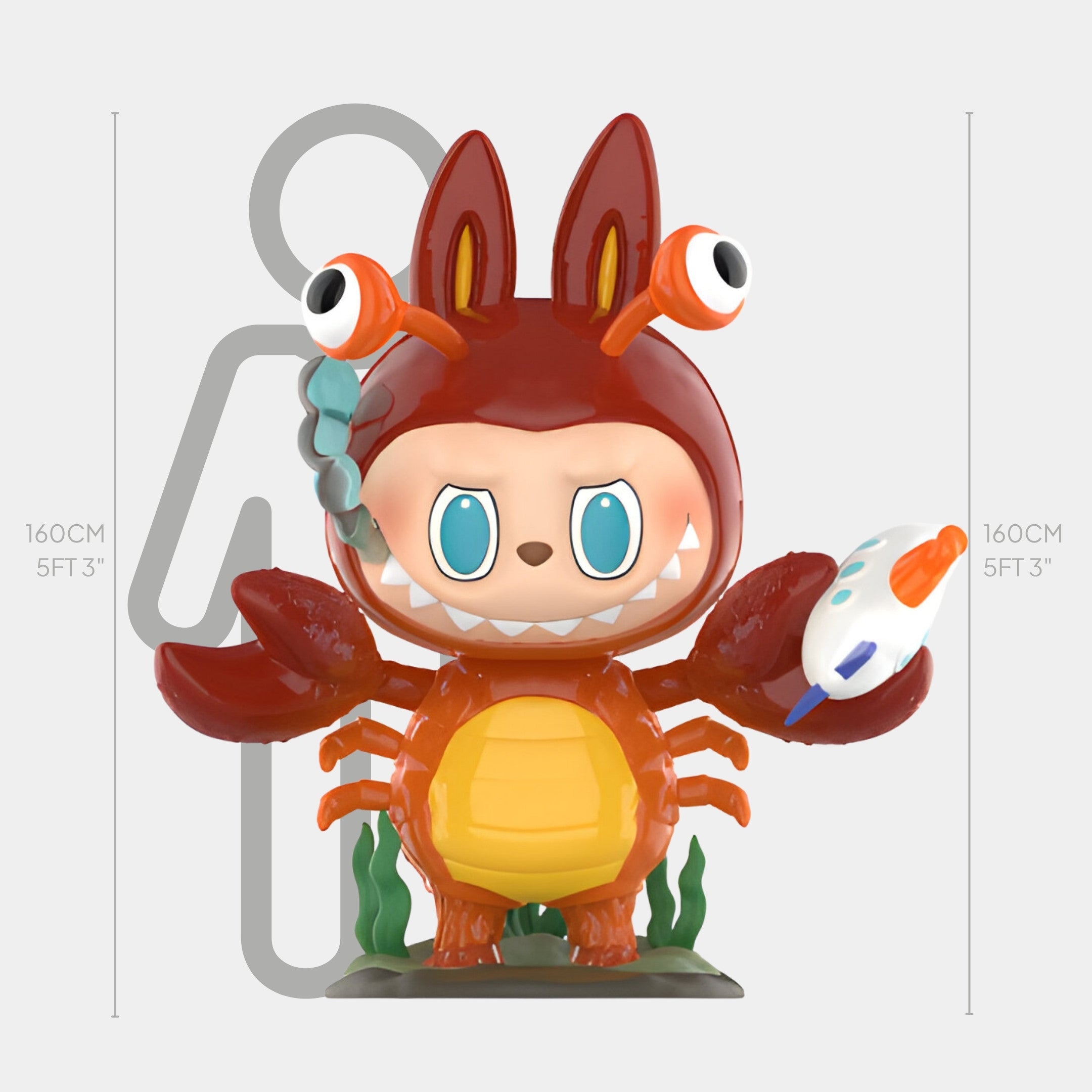 The Giant Sculptures Monsterverse Crab Warrior Labubu Sculpture (160cm) shows a cartoon crab warrior with antennae eyes, claws, and shell, posed with a toy rocket in front of a 160cm (5FT 3) human outline for scale.