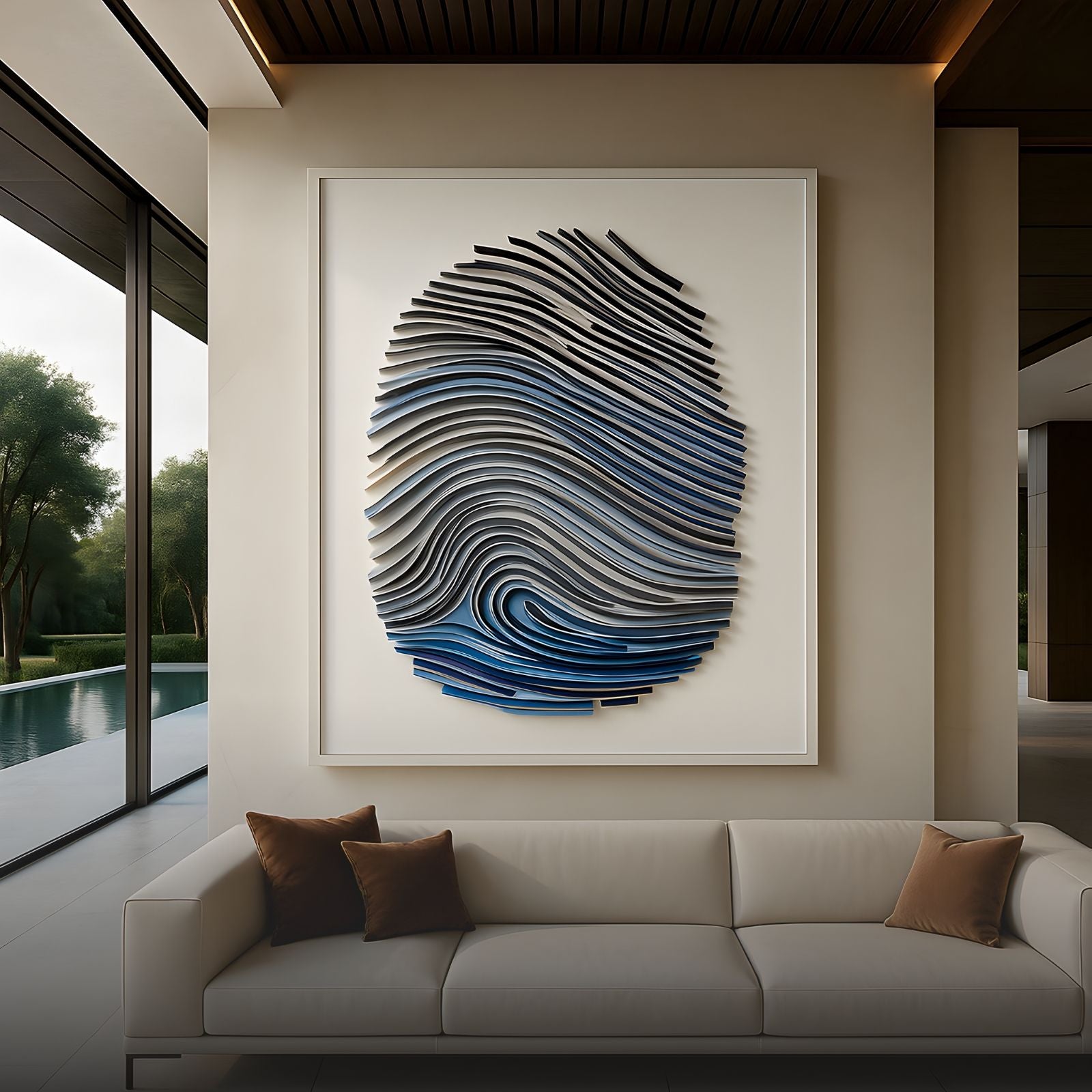 A modern living room with a white sofa and brown pillows, featuring a large wall art piece resembling a stylized fingerprint in blue and gray tones. Floor-to-ceiling windows show trees and a pool outside.
