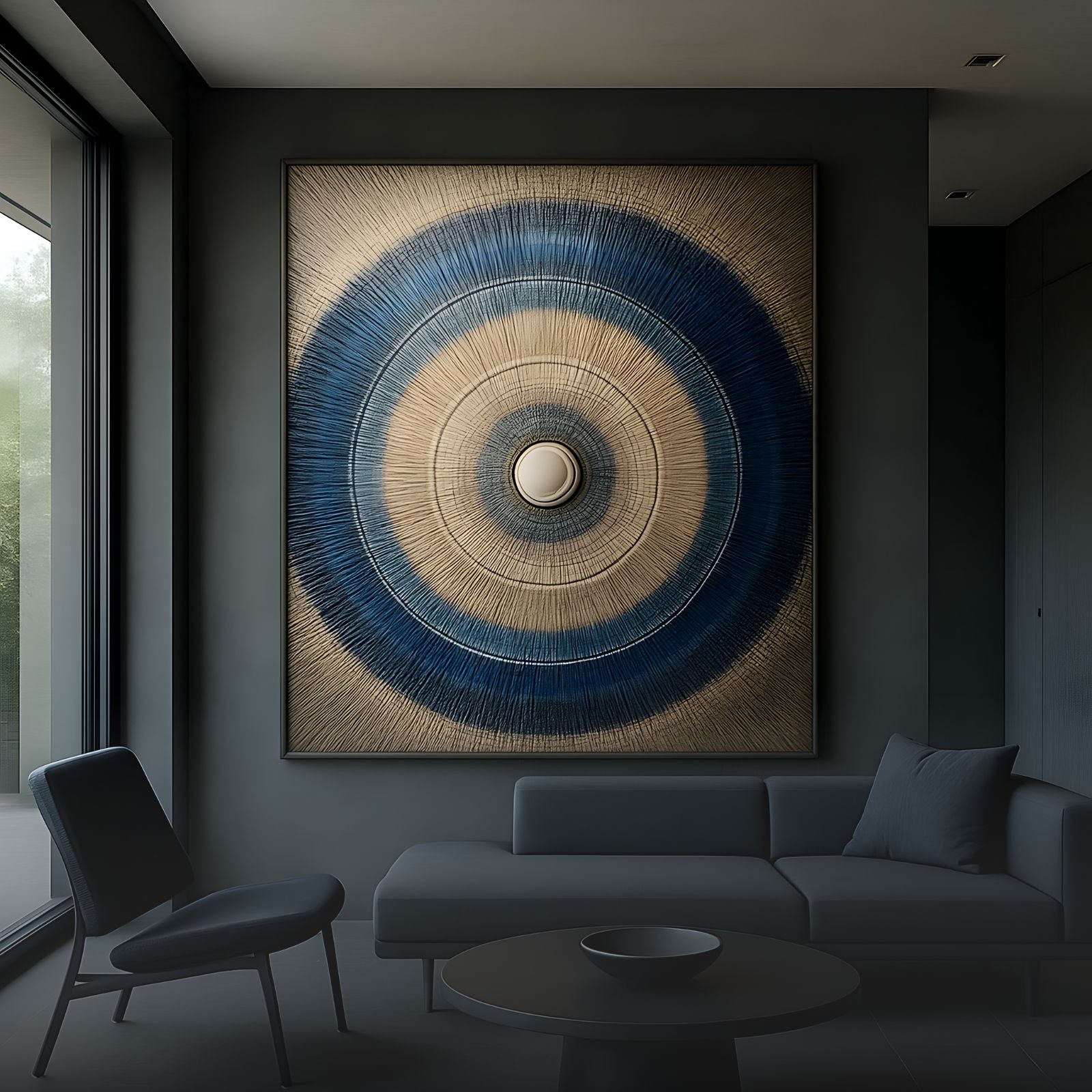 A modern living room with dark furniture and walls features a large, textured wall art of concentric circles in blue and gold tones hanging above a gray sofa. Natural light enters through a window on the left.