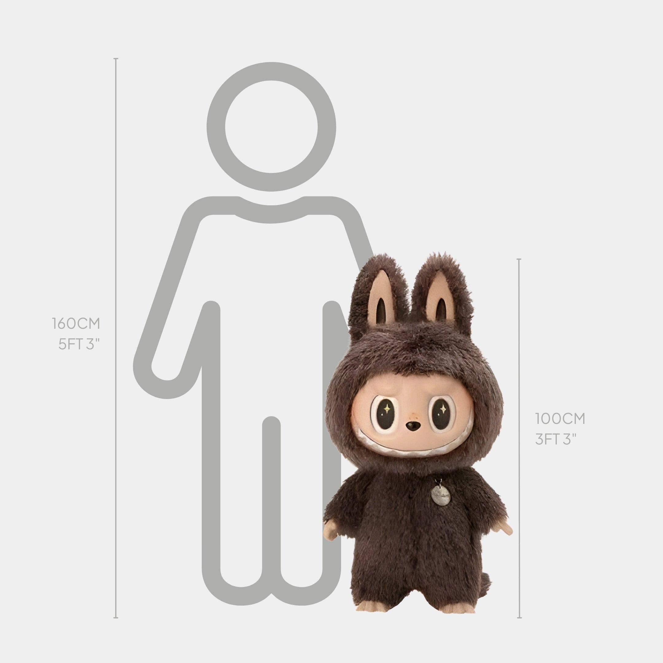 The Monster Brown Furry Zimomo Labubu Sculpture by Giant Sculptures stands 100cm (3 ft 3 in) tall next to a gray outline of a 160cm person—an eye-catching faux-fur collectible for bold, design-led interiors.