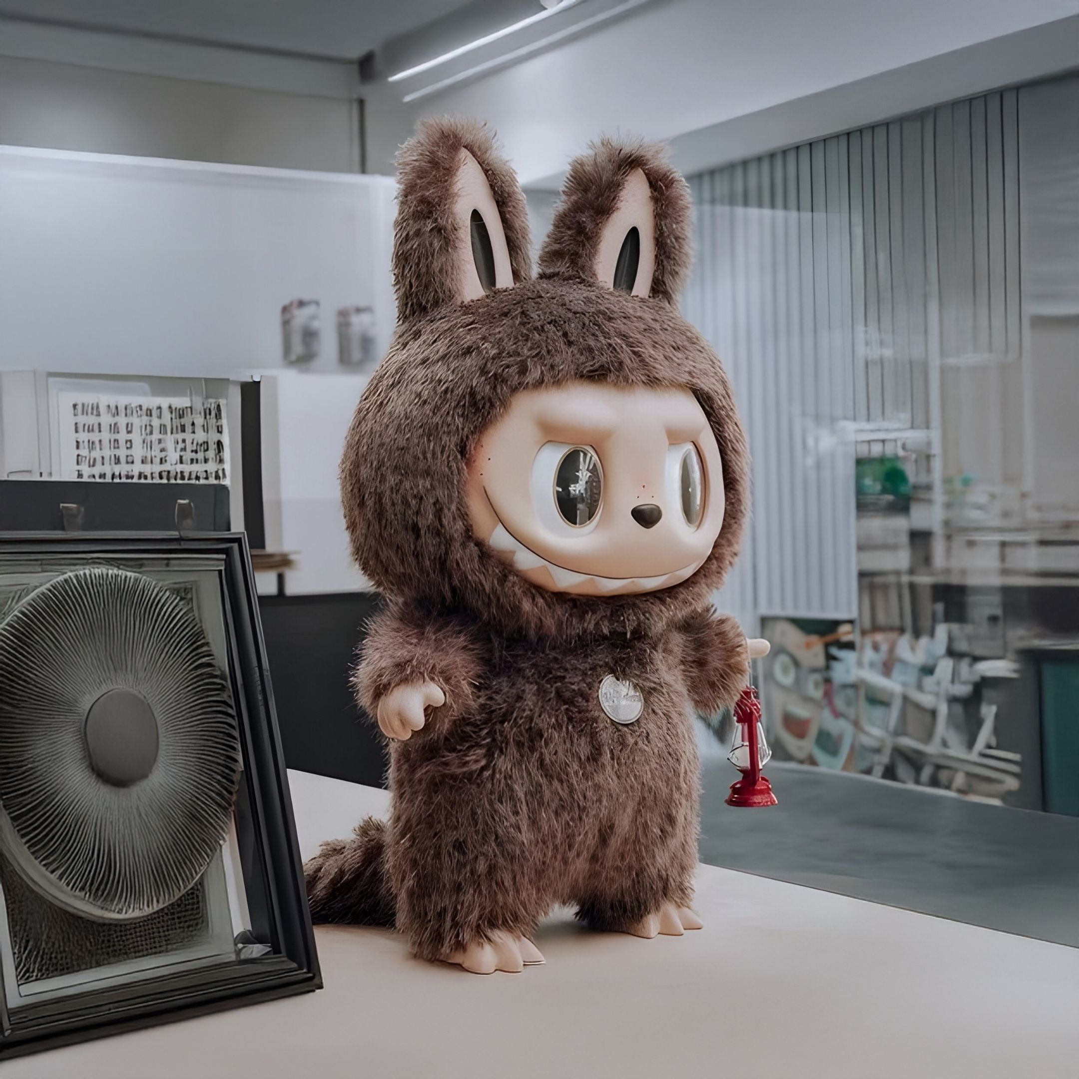 The Monster Brown Furry Zimomo Labubu Sculpture - 100cm by Giant Sculptures stands on a table in a stylish interior, holding a red chess piece among framed art and office supplies, its big bunny ears, sharp teeth, and wide eyes on display.