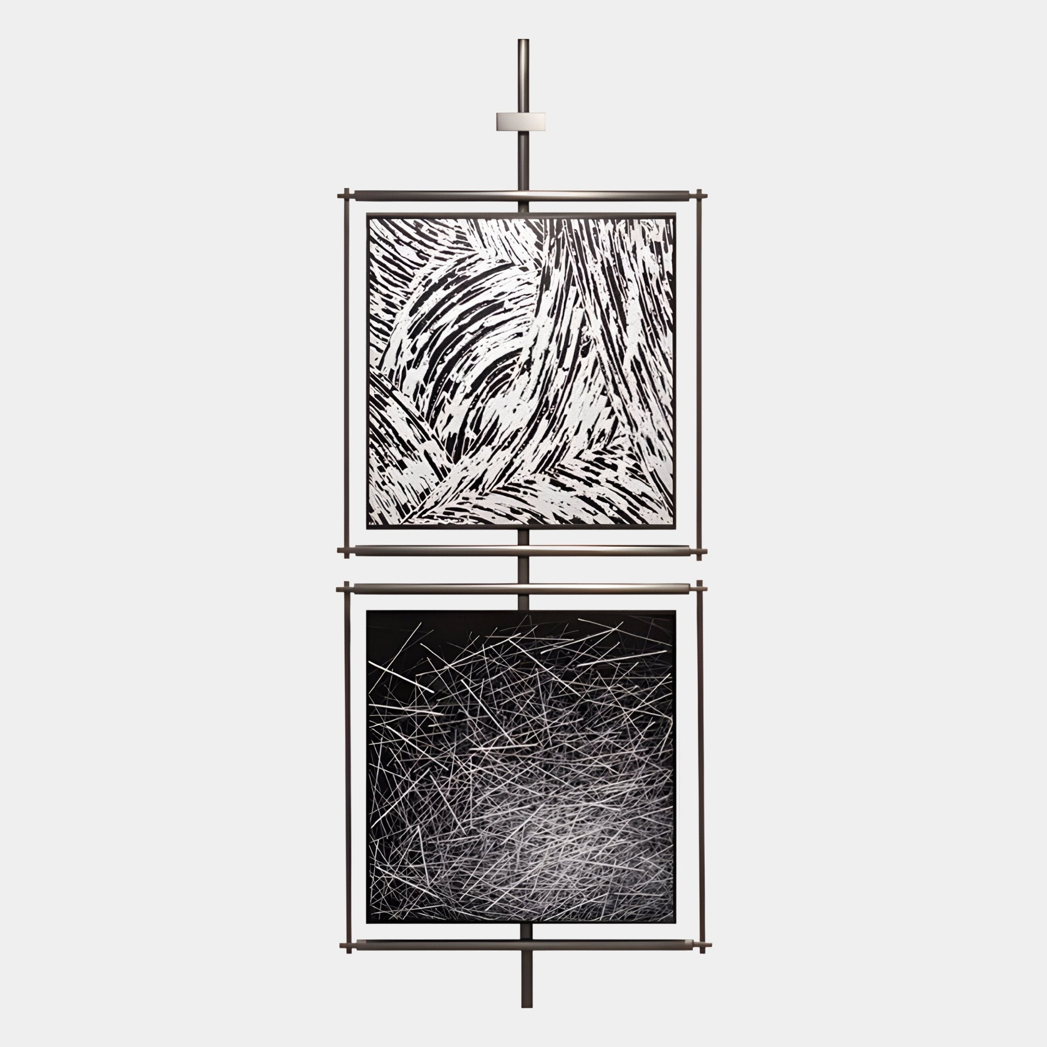 The Vistarte Monochrome Abstract Dual Panel Metal Wall Art by Giant Sculptures showcases two vertical panels: swirling curves above and a chaotic web of lines below, creating striking black-and-white wall art.