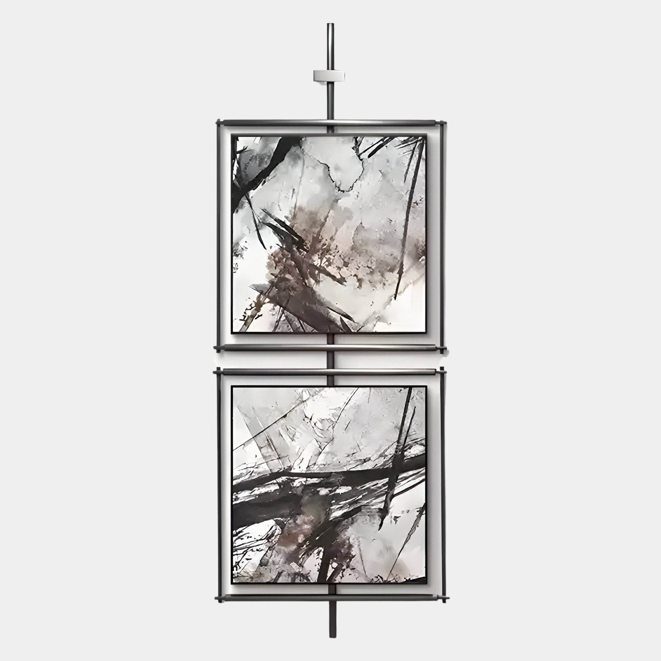 The Vistarte Neutral Abstract Dual Panel Metal Wall Art by Giant Sculptures features two abstract black and white paintings with dynamic brushstrokes in minimalist black frames, mounted vertically on a metal rod against a light grey background.