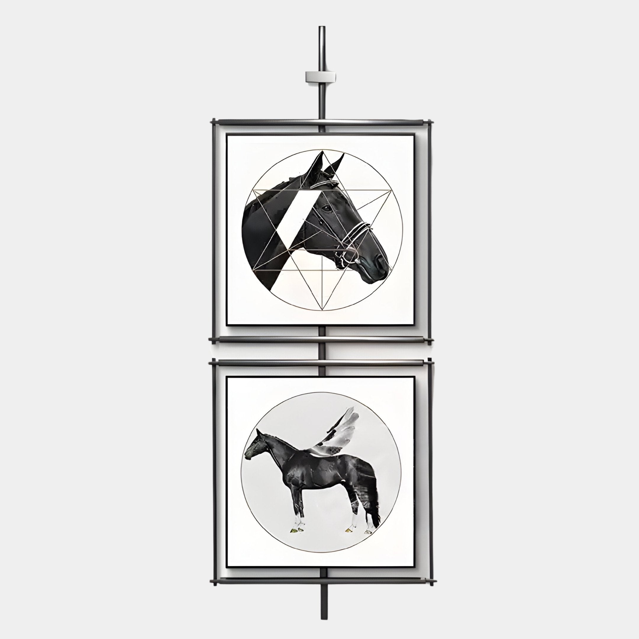 The Vistarte Mythical Horse Abstract Dual Panel Metal Wall Art by Giant Sculptures features two vertically mounted minimalist black-and-white panels: a geometric horse head above a winged horse in a circle, creating striking modern decor.