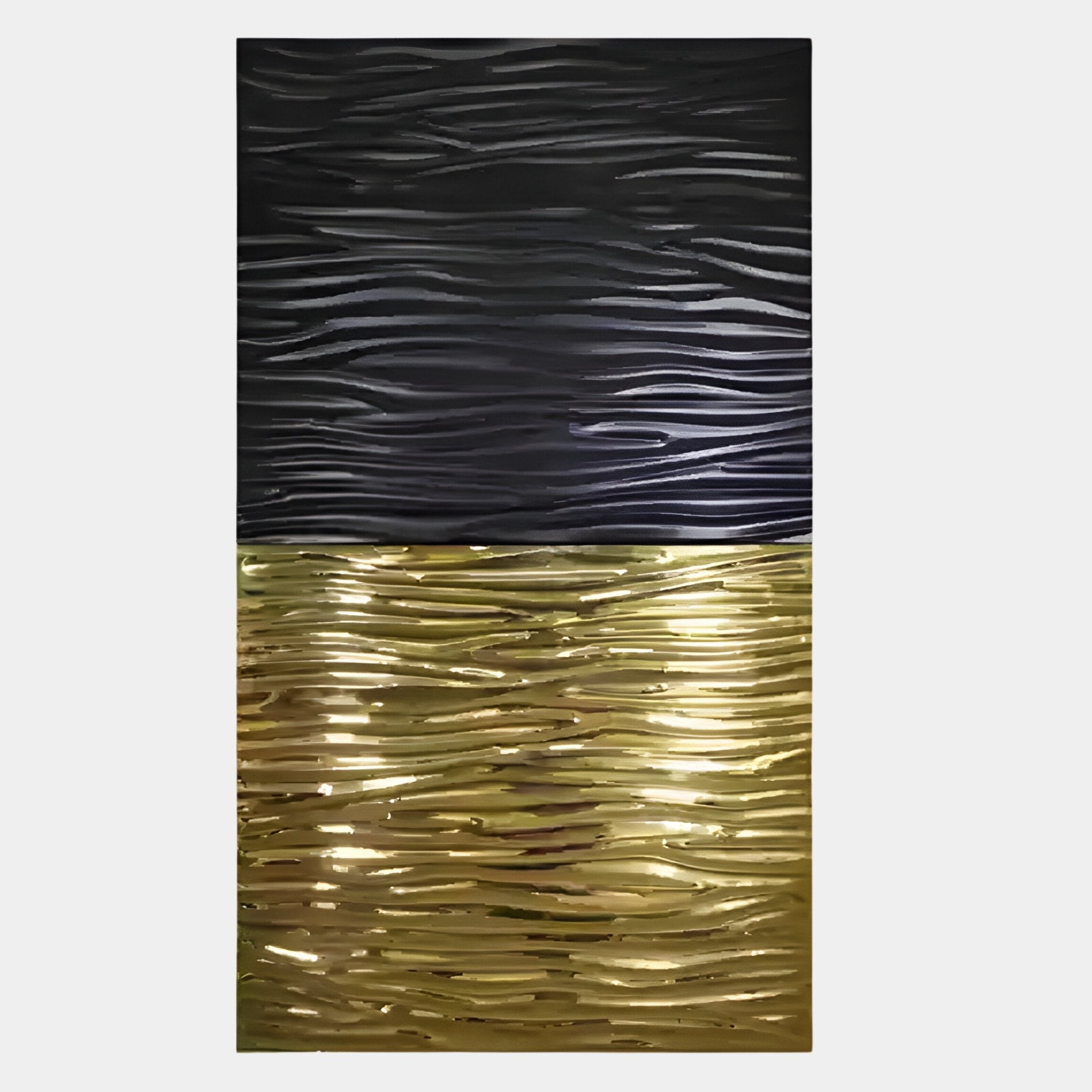 The Ripple Dual-Tone Black & Gold Textured Wall Art by Giant Sculptures features a rectangular panel with wavy horizontal lines—black on top, metallic gold below—perfect for adding modern style to your decor.