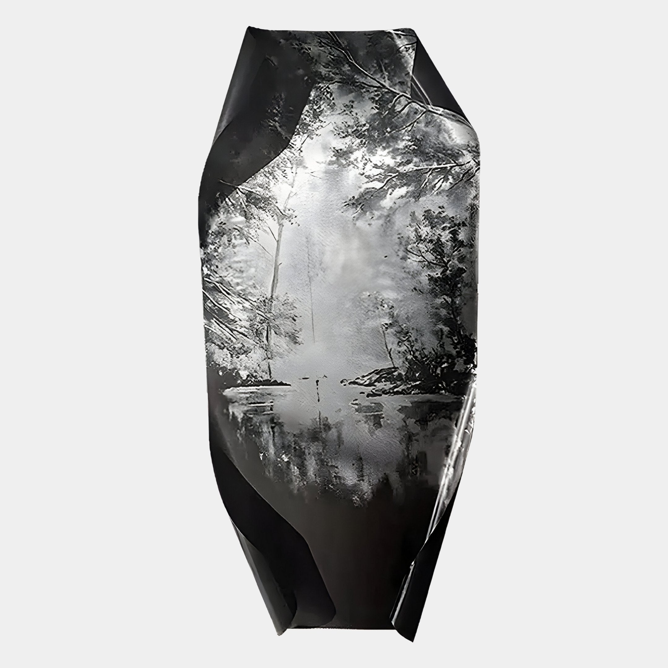 The Echo Waterscape Abstract Panel Metal Etched 3D Wall Art by Giant Sculptures features a glossy, faceted surface with a monochrome forest scene reflected in water—blending abstract forms and detailed trees on a light gray background.