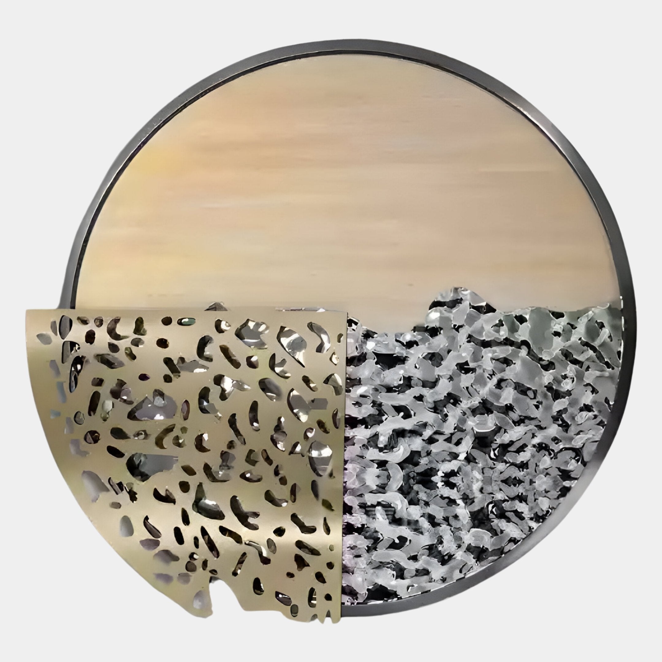 The Aurelio Bottom-Right Metallic Layered Textured Round Wall Art by Giant Sculptures features a perforated gold sheet over a textured silver-gray lower half with a smooth beige upper background—ideal contemporary wall decor.