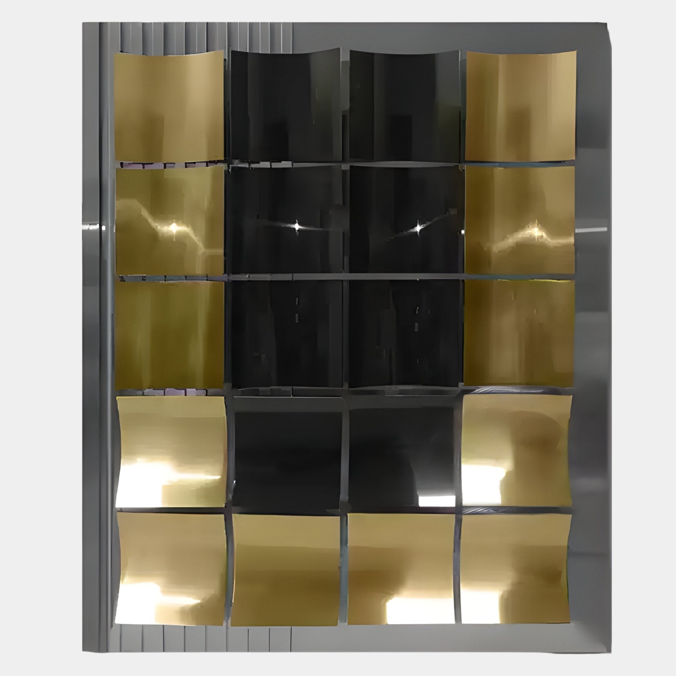 The Onda Black & Gold Rippled Geometric Metal 3D Wall Art by Giant Sculptures features a grid of wavy, reflective panels in black and gold—ideal for geometric design enthusiasts and modern interiors.