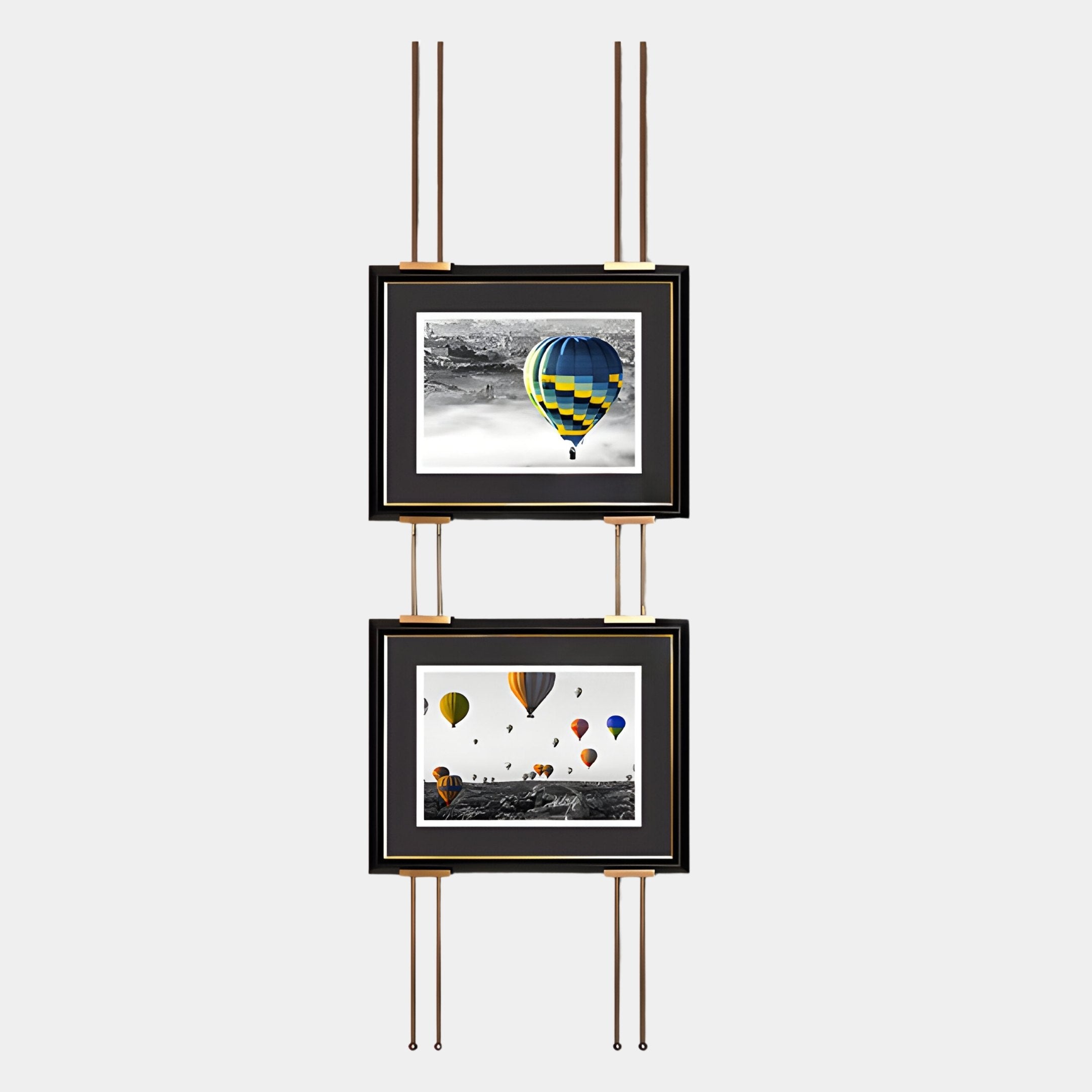 Imperia Vibrant Balloon Journey Dual Frame Metal Wall Art by Giant Sculptures showcases two vibrant balloons over black-and-white landscapes—an eye-catching modern decor statement for any interior.