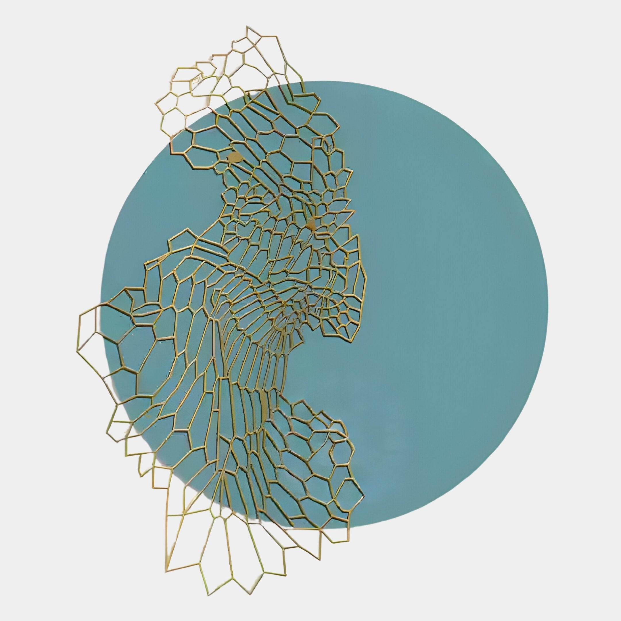 Cellura Turquoise Geometric Flow Gold Wired Metal Wall Art by Giant Sculptures features a large teal circle and intricate gold geometric pattern, ideal as striking turquoise decor for contemporary interiors.