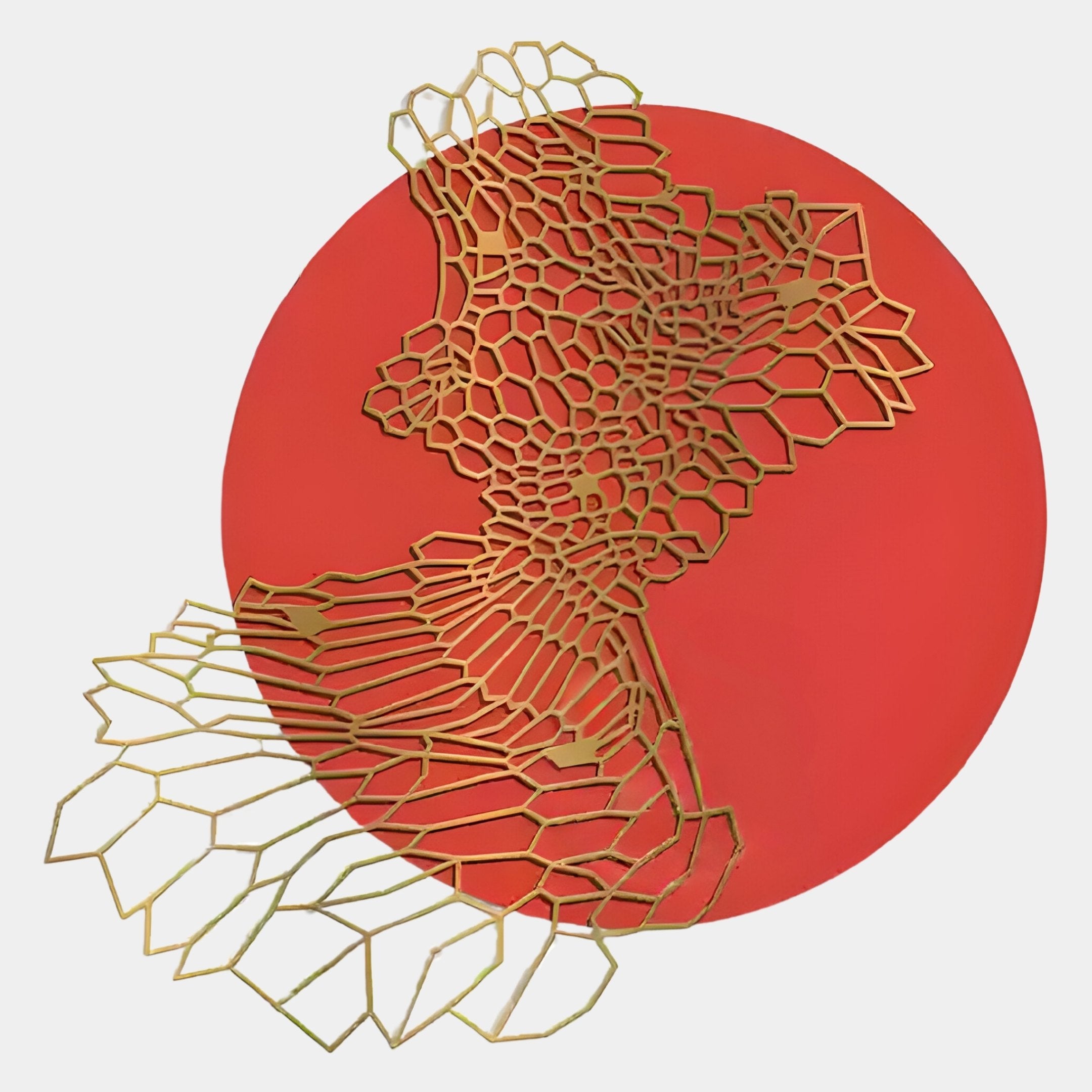 The Cellura Red Geometric Layered Gold Wired Metal Wall Art by Giant Sculptures features a vibrant round design with an intricate gold honeycomb pattern—ideal for lovers of modern artistic décor.