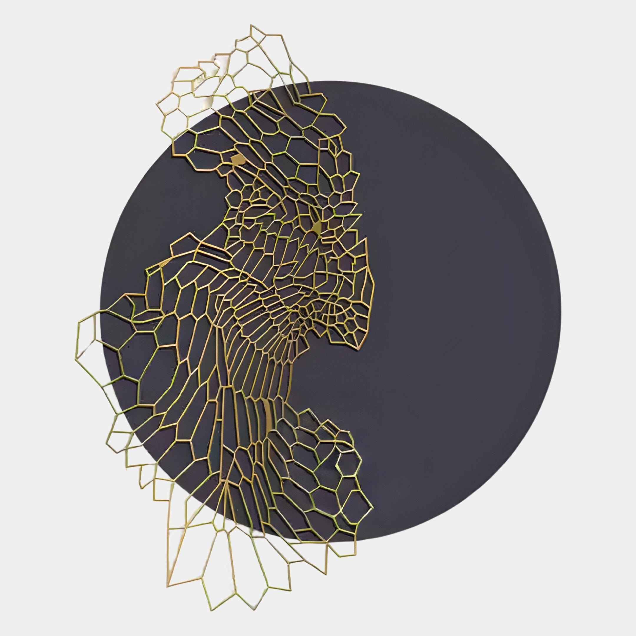 The Cellura Deep Purple Geometric Flow Gold Wired Metal Wall Art by Giant Sculptures features a large black circle with intricate gold geometric wiring, creating an organic, web-like effect.
