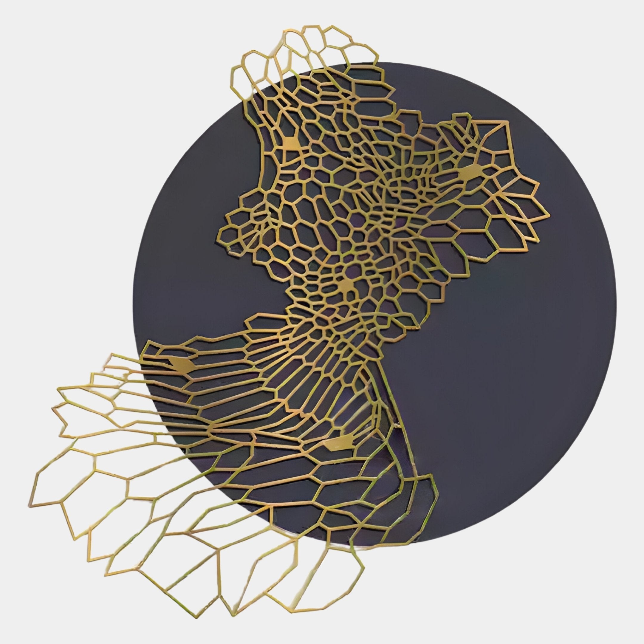 The Cellura Deep Purple Geometric Layered Gold Wired Metal Wall Art by Giant Sculptures features a gold honeycomb silhouette in profile over a bold purple background, blending sharp lines with soft curves for an abstract, modern look.