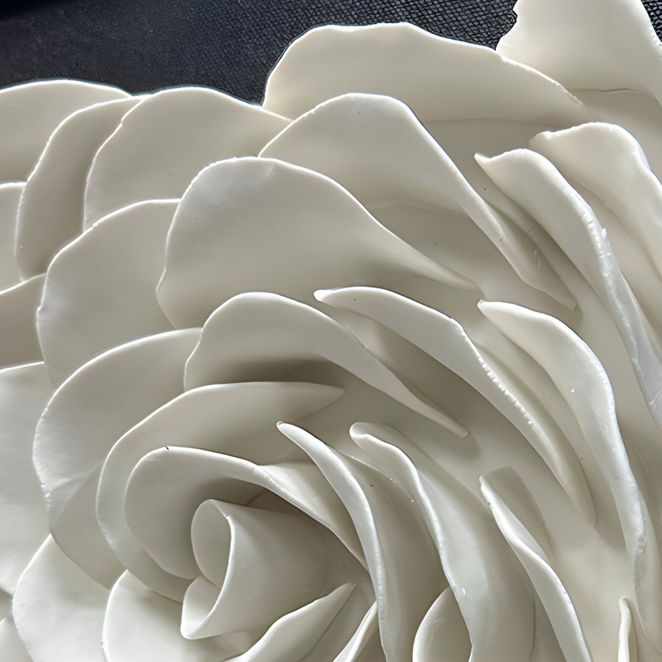 Giant Sculptures Harmonia 3D Ceramic Rose Sculpture, featuring intricate white rose petals, forms a swirling flower design set against a dark background and enclosed in a black frame with an acrylic box.