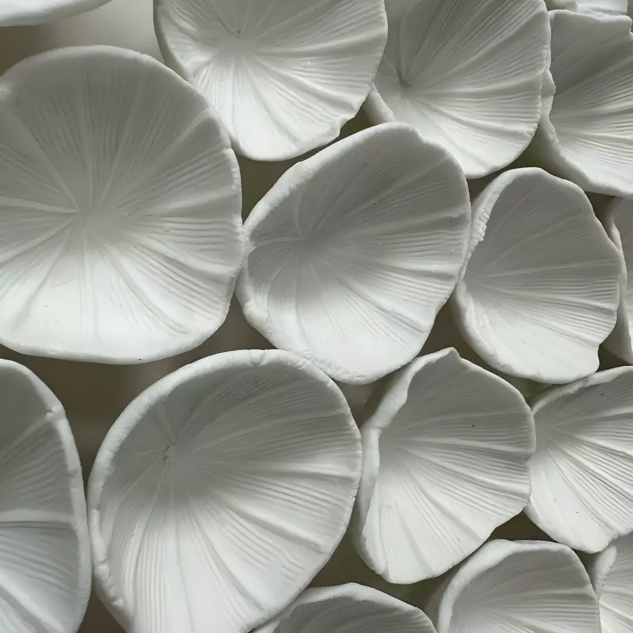 Close-up of the Giant Sculptures’ Harmonia 3D Petal Wall Sculpture With Black Frame reveals white bowls with a petal texture and irregular shape, forming a floral motif. Overlapping layers and lighting emphasize its delicate details and smooth finish, showcasing modern ceramic elegance.