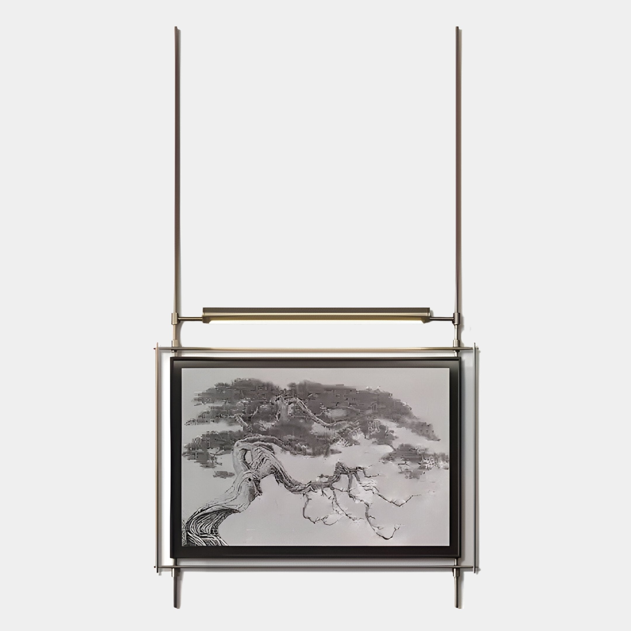 The Celestique Ancient Bonsai Framed Long Hanging LED Wall Art by Giant Sculptures features a sumi-e bonsai painting in a modern stainless steel frame with vertical rods and an overhead LED fixture.