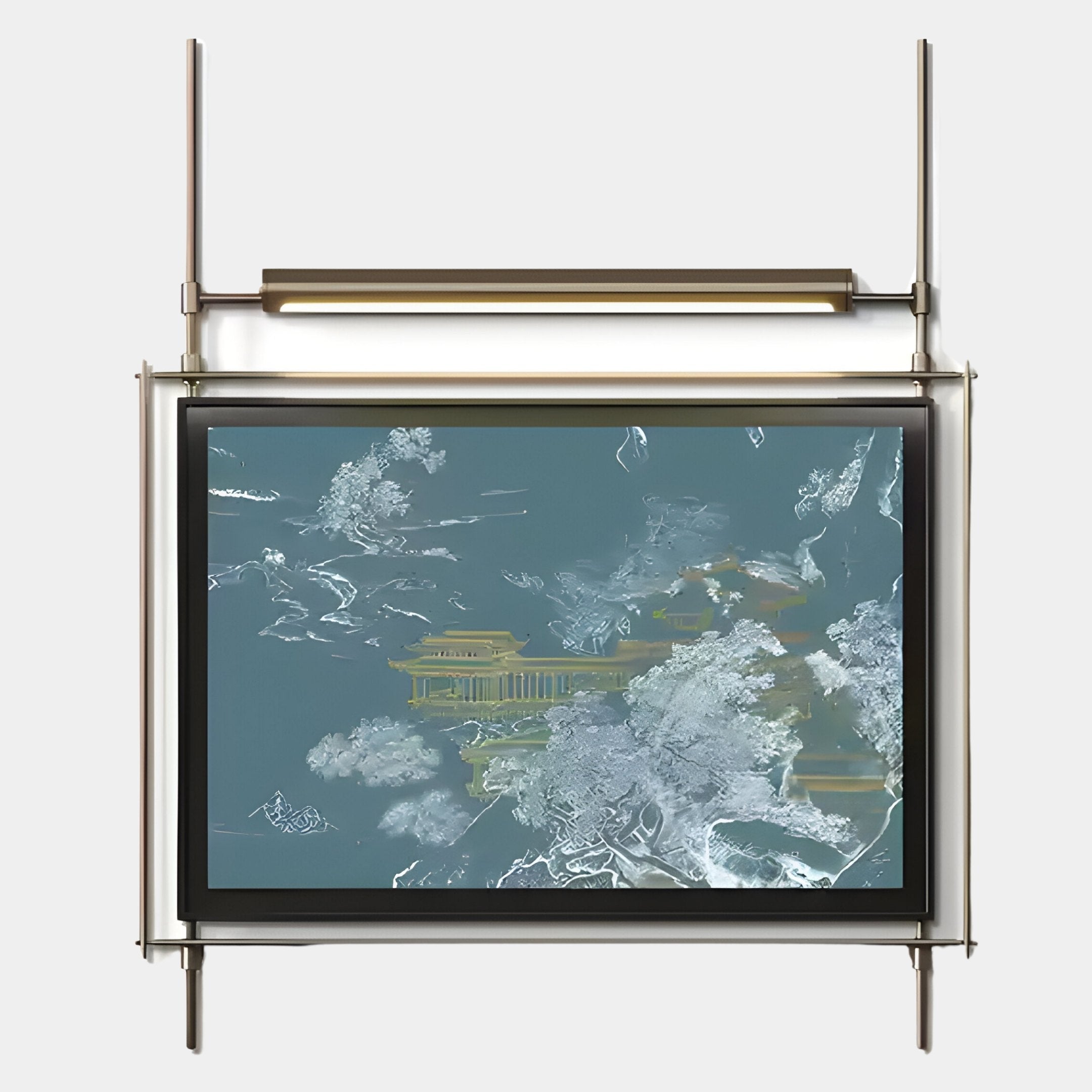 The Celestique Golden Pavilion Framed LED Wall Art by Giant Sculptures is a modern wall-mounted piece featuring an abstract design in cool tones, set in a sleek stainless steel frame with rods and an integrated horizontal LED light.
