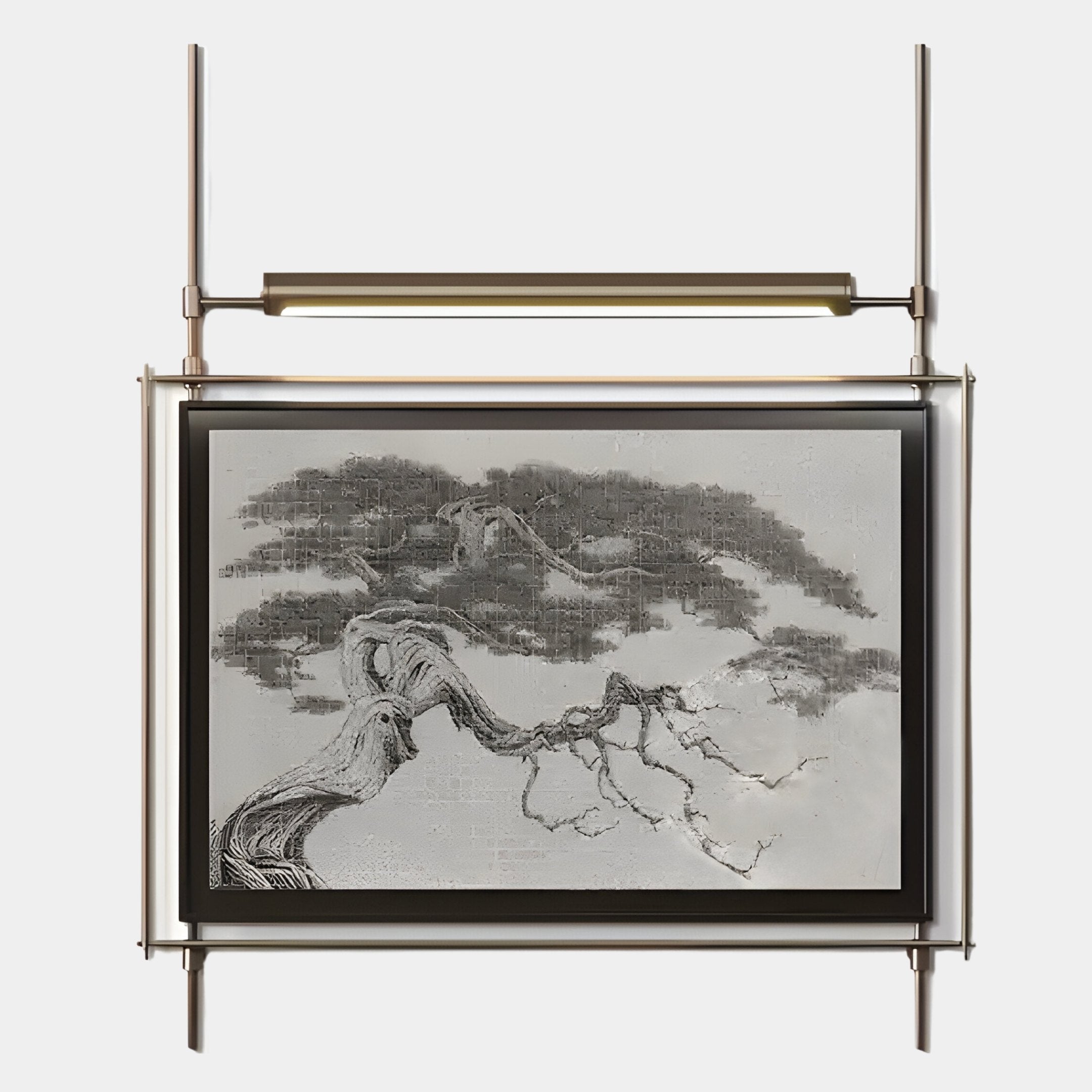 The Celestique Ancient Bonsai Framed LED Wall Art by Giant Sculptures features a black and white twisted tree on a minimalist background, set in a modern metal frame with built-in lighting—ideal for monochromatic decor.
