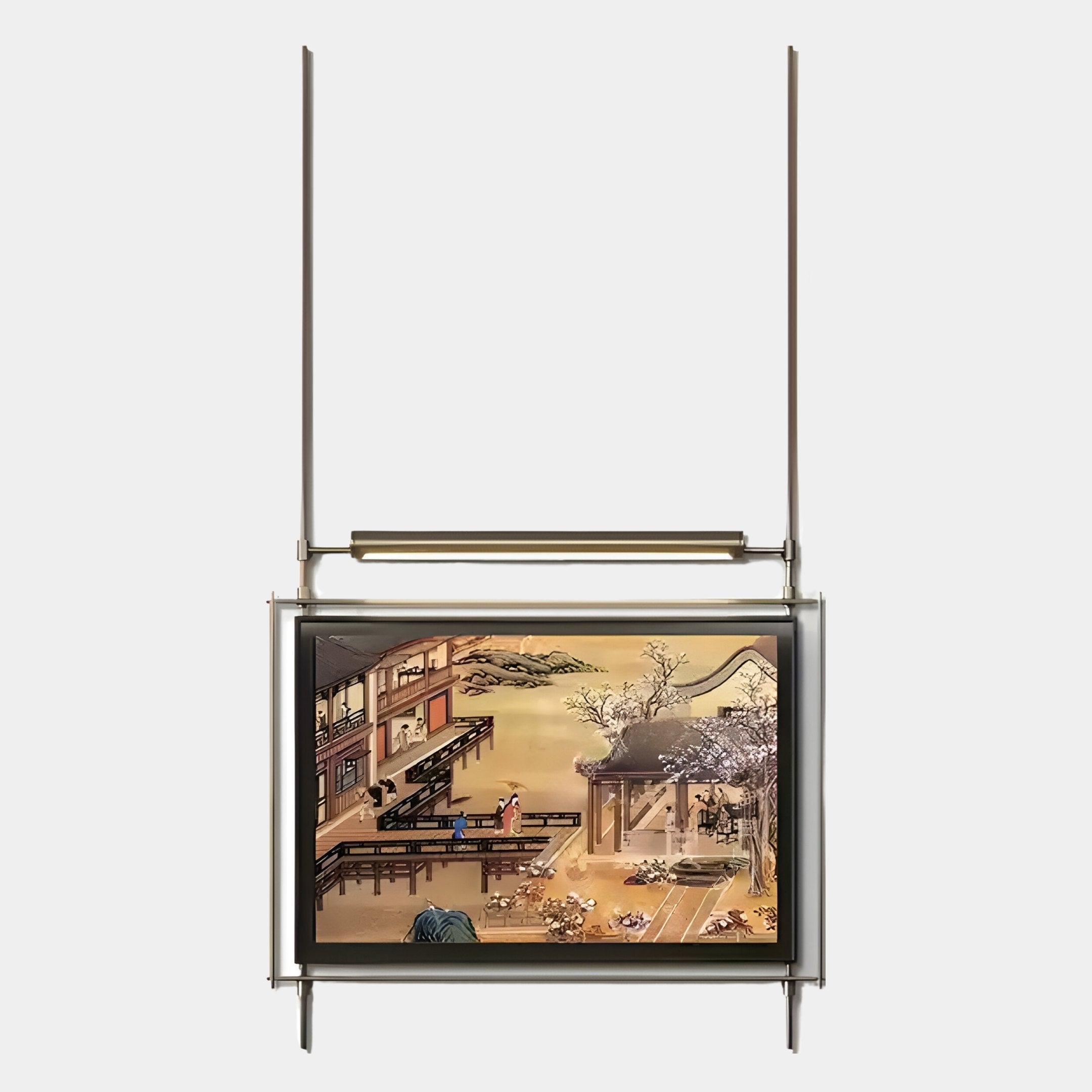 The Celestique Vintage Pavilion Bliss Framed Long Hanging LED Wall Art by Giant Sculptures features people in kimonos amid blooming trees and buildings, illuminated on a soft yellow background in a stainless steel frame with modern metal stand.