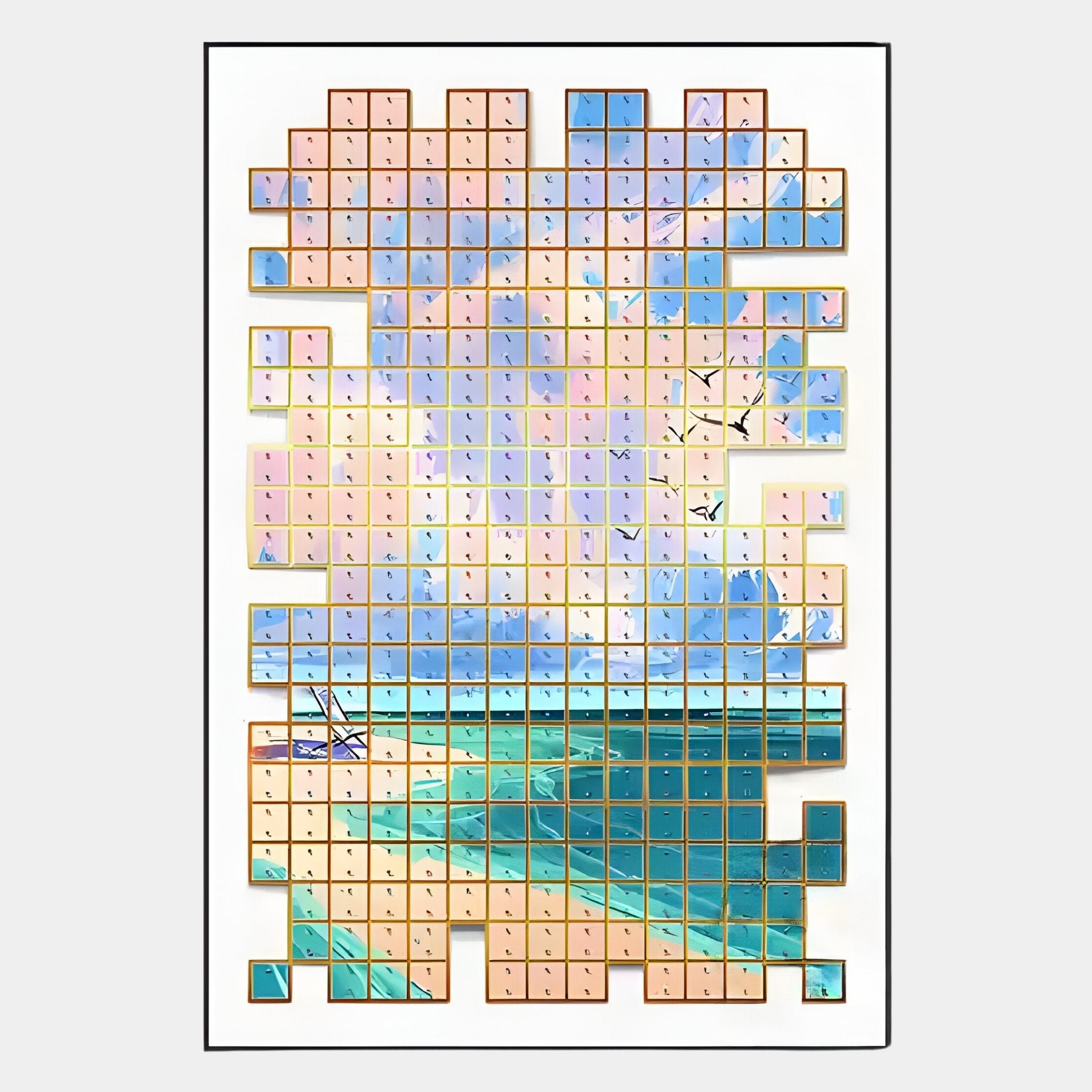 The Lumora Sunset Breeze Mosaic 3D Wall Art by Giant Sculptures features a beach scene with blue waves, a pink and blue sky, and flying birds. Some irregular-edged pieces are missing, revealing white space beneath the mosaic.