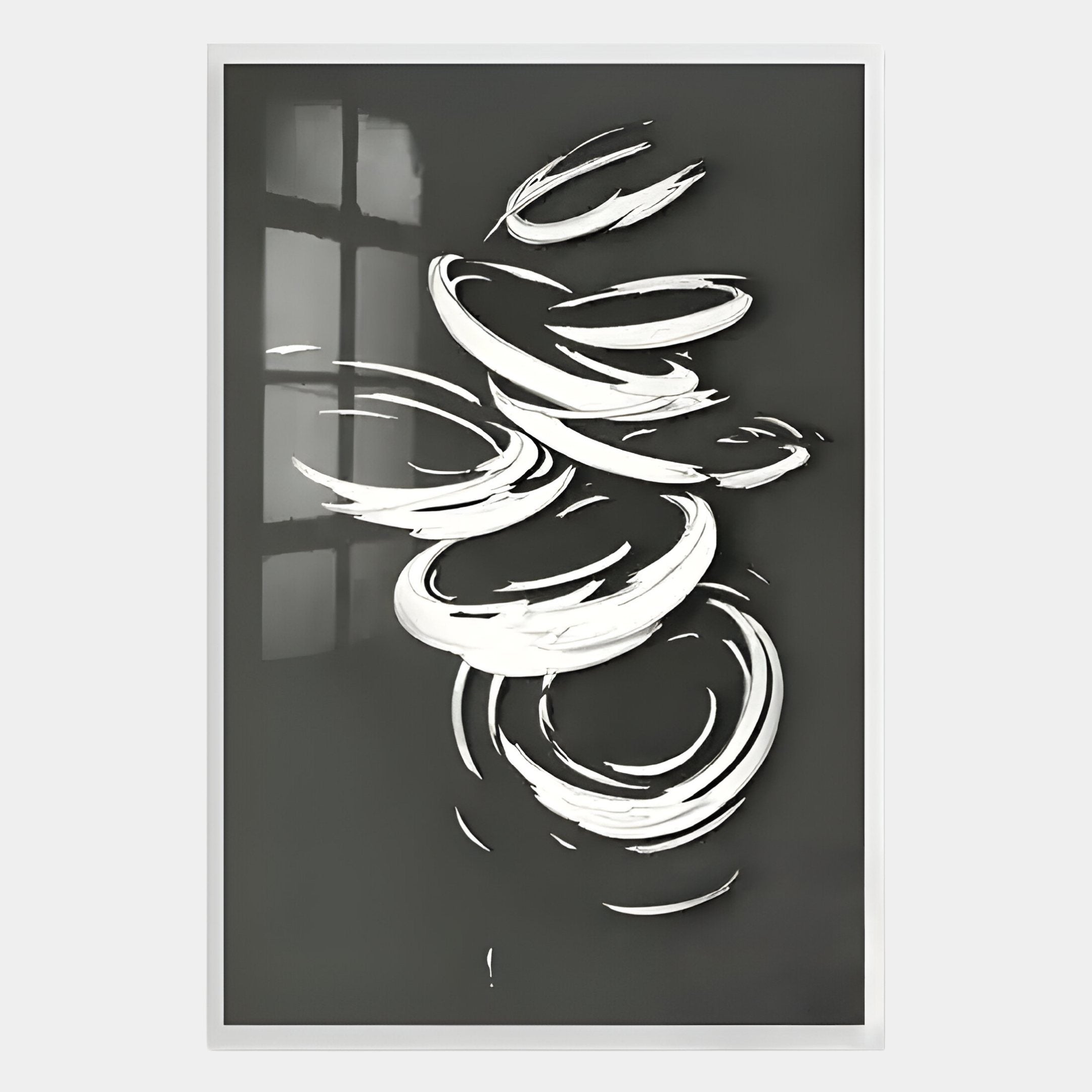 Zephyr Monochrome Swirl Abstract Wall Art by Giant Sculptures features bold white brushstrokes swirling on dark gray, with a faint window shadow in the upper left—perfect contemporary monochrome decor.