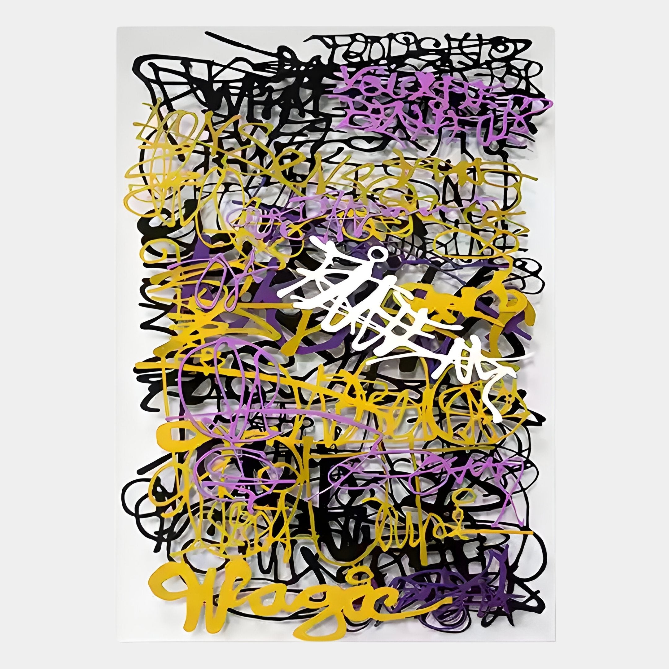 Scriptura II Multicolour Graffiti Expression Metal Wall Art by Giant Sculptures bursts with black, purple, yellow, and white layered graffiti. “Magic” in yellow stands out amid dynamic text—perfect for bold industrial wall décor.